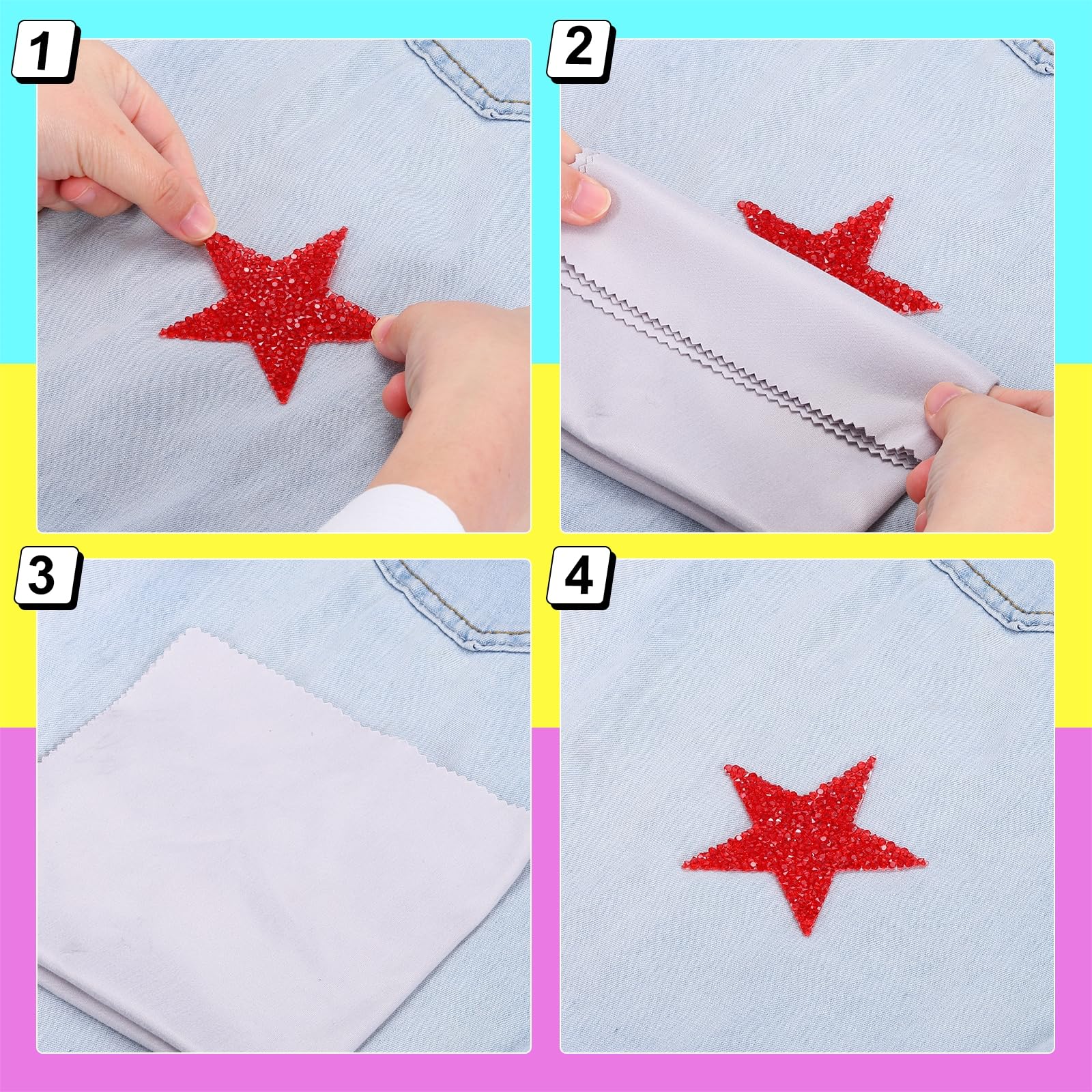 MECCANIXITY 16 parches para planchar con diseño de estrella y diamantes de imitación, parches bordados con brillantina, para ropa, manualidades, bolsos, sombreros, pantalones, en 4 tamaños