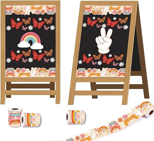 Miniatura 4 de Pegatinas de borde de tablero de anuncios de 67.9 pies, diseño retro de arco iris bohemio, dos calcomanías de fiesta geniales para decoración de