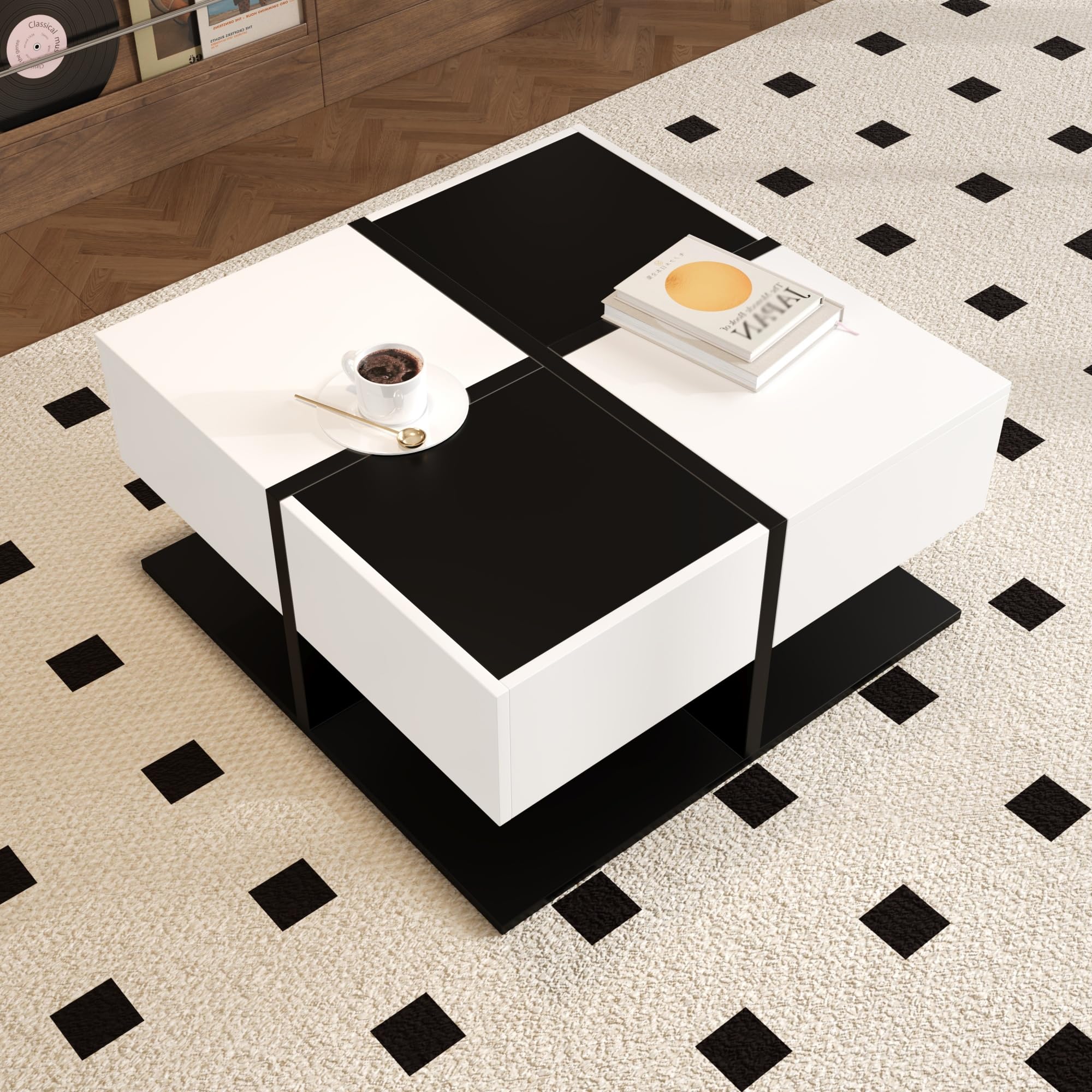 Mesa de centro moderna blanca y negra con almacenamiento de 70x70 cm