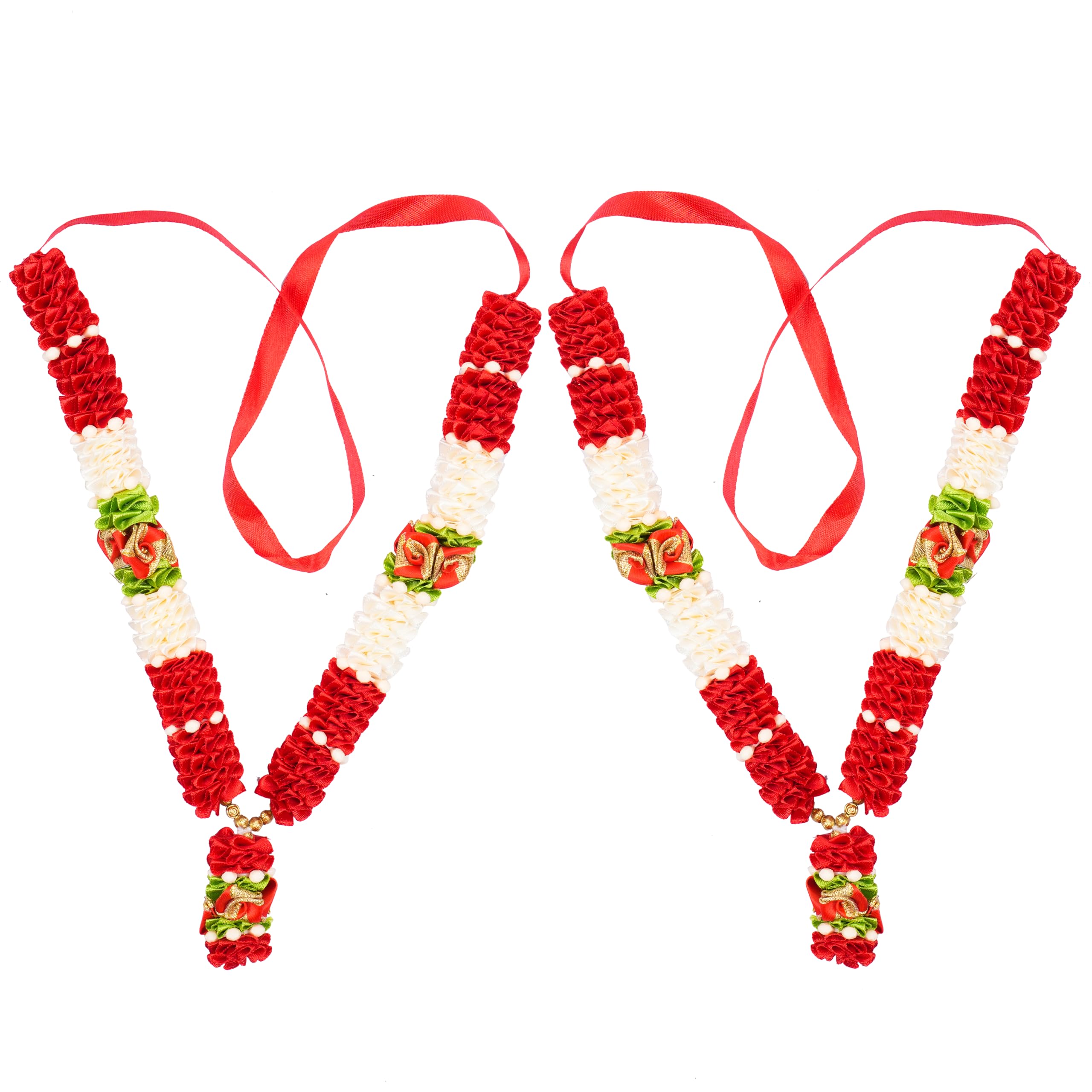 RJ Sales & Promotions 12 inches Satin and Tissue with Plastic Beads Red and White Haar -Maala for Idols, Photo Frames, Fancy Dress Marriages etc.(Pack of 2)