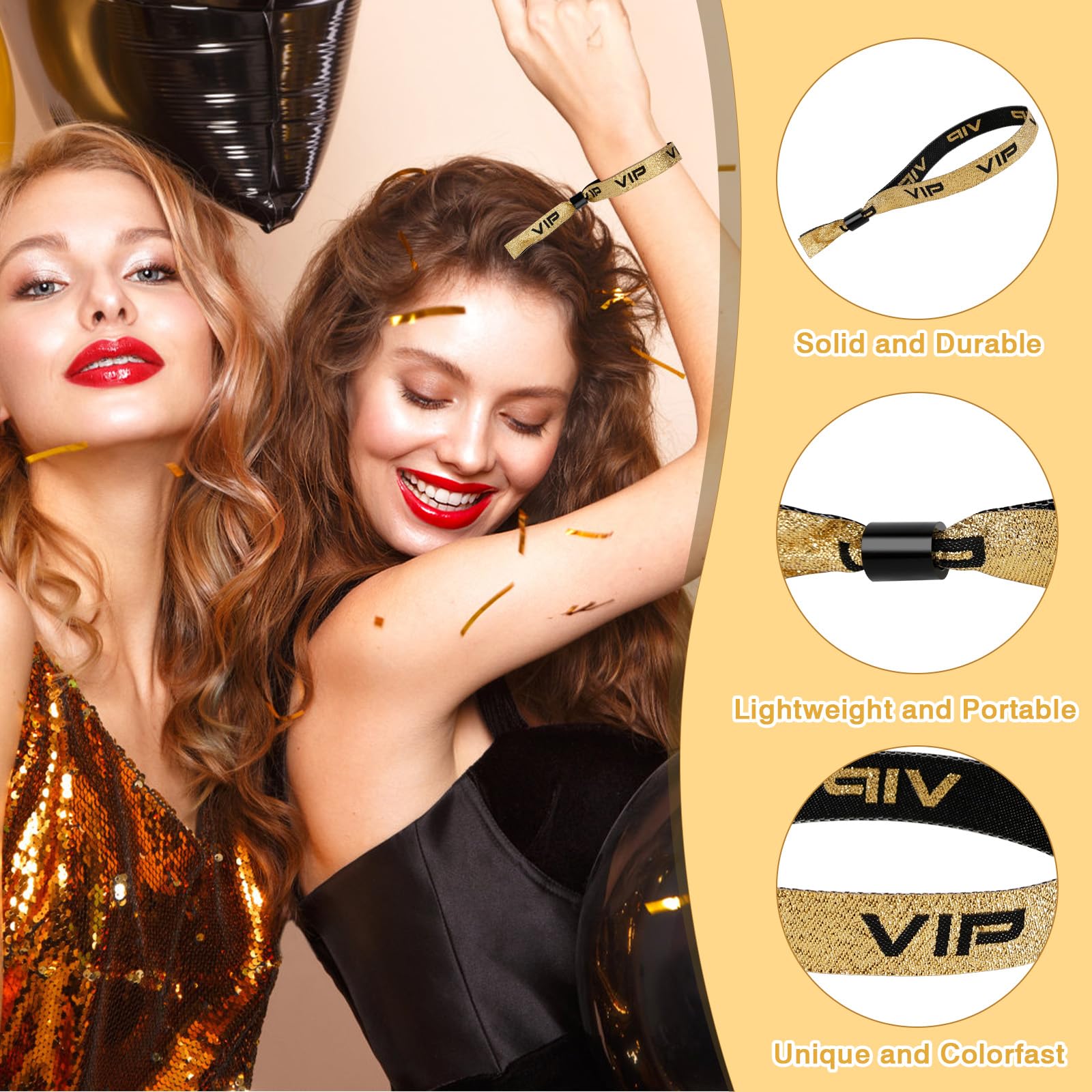 60 Piezas Pulseras de Entrada VIP Bandas de Entrada de Tela Cintas Identificativas de Oro Negro Pulseras de Identificación con Cierre para Fiesta Festival Evento Concierto Cumpleaños Boda