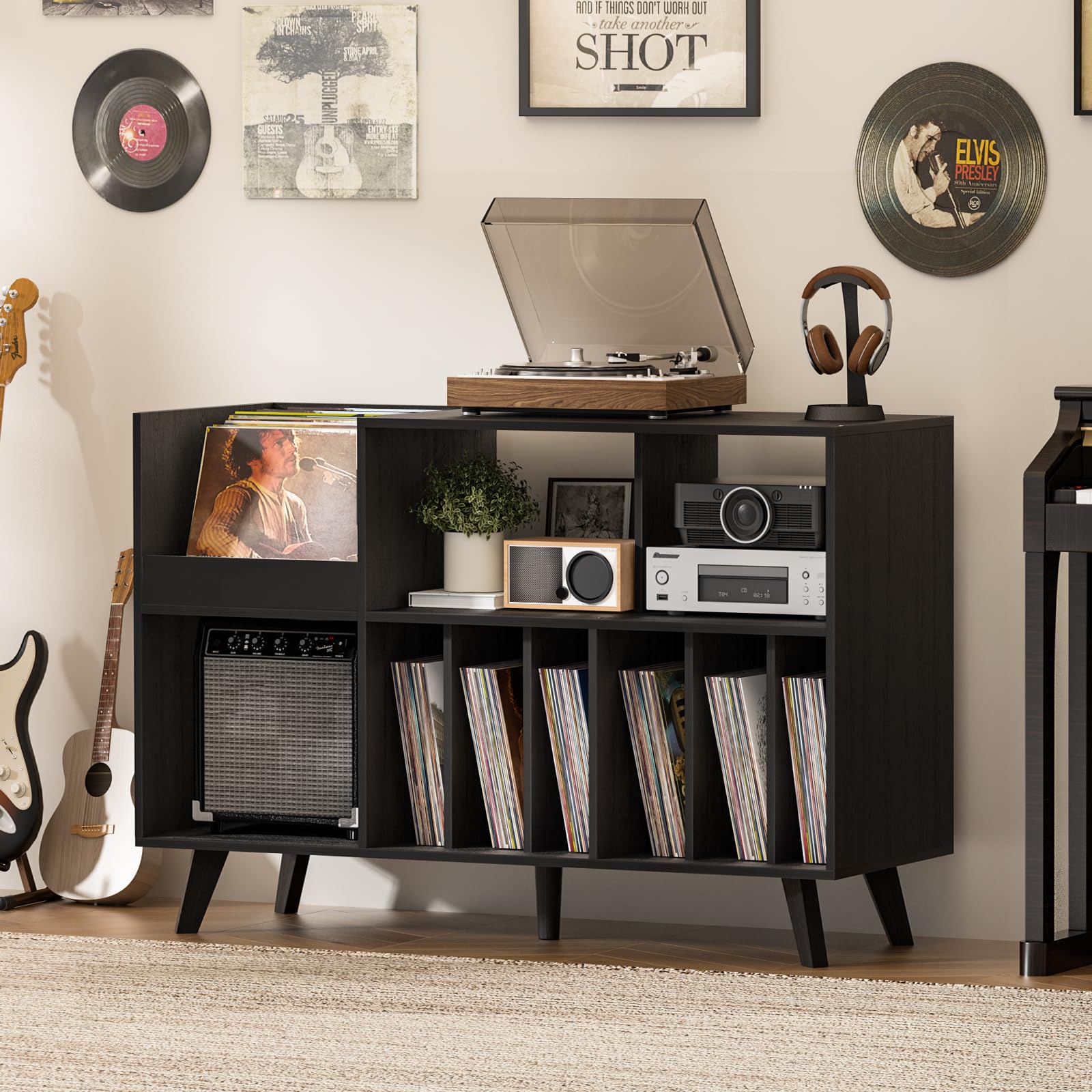 Großer Plattenständer mit Aufbewahrung,Plattenspieler-Ständer mit Ablage,Vinylplatten-Halterung mit Präsentationsfläche,Plattenständer für bis zu 450 Alben, Plattenregal für Musikzimmer und Wohnzimmer