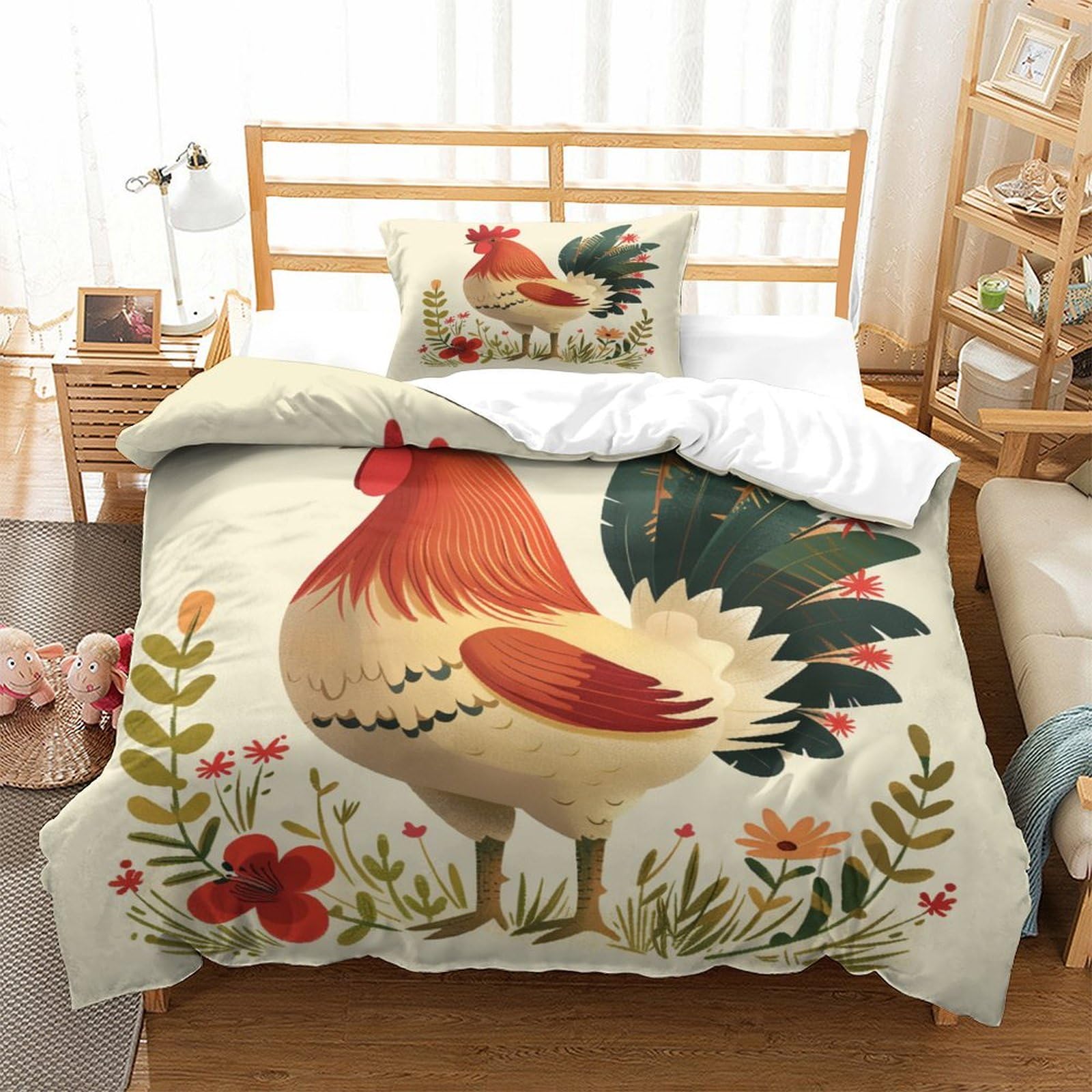 P1s9u7w5y Gallic Rooster-5 3D Printed Farm Rooster Microfiber 3Pcs Duvet Cover Set Countryside Chicken Bedding Set Single（135X200cm）
