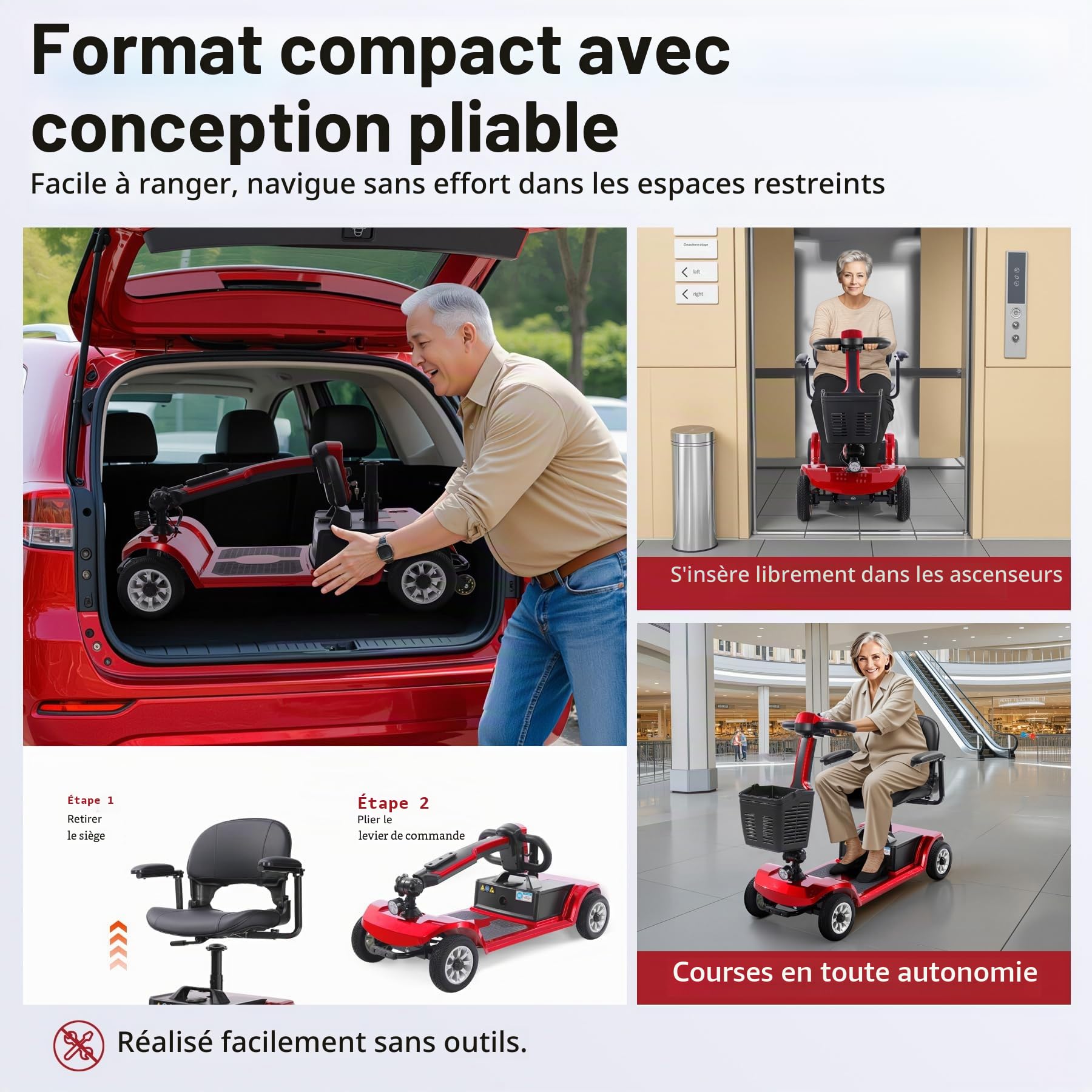 Scooter électrique pour seniors 22 km Scooter pliable à 4 roues avec panier Batterie légère Capacité de charge jusqu'à 190 kg Scooter électrique