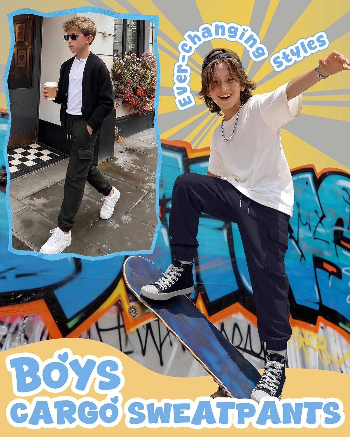 3 Pack Boy's Cargo Sweatpants Kids Teens Drawstring Running Joggers with Pockets Elastic Waistband Athletic Pants - Image 3