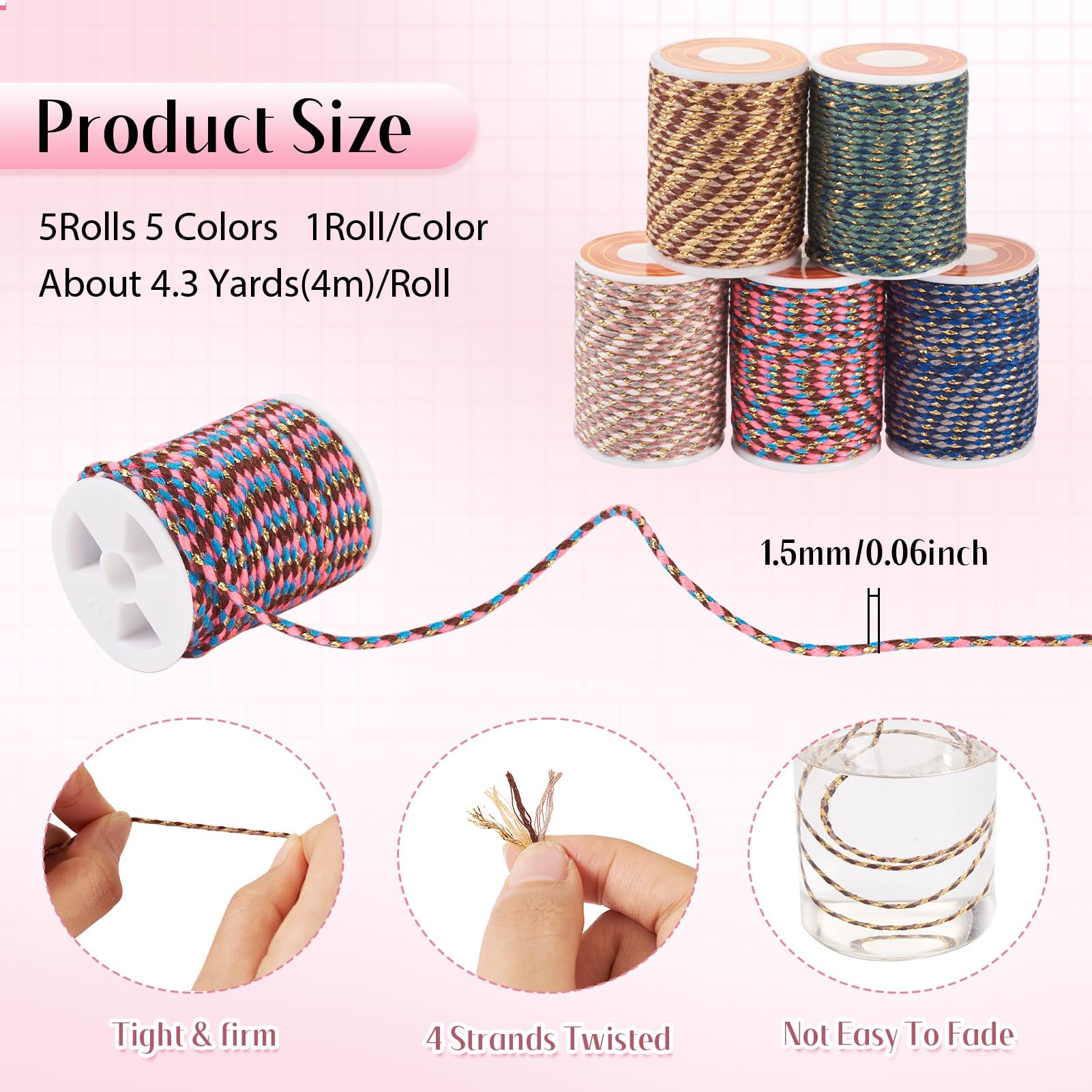 Crafans 5Rolls 1.5mm Polycotton Braided Rope 4-Ply String Knitting Cords Handmade Macrame Cotton Ropes Twisted Cords with Spool for DIY Craft Knitting Wall Hanger - Image 4