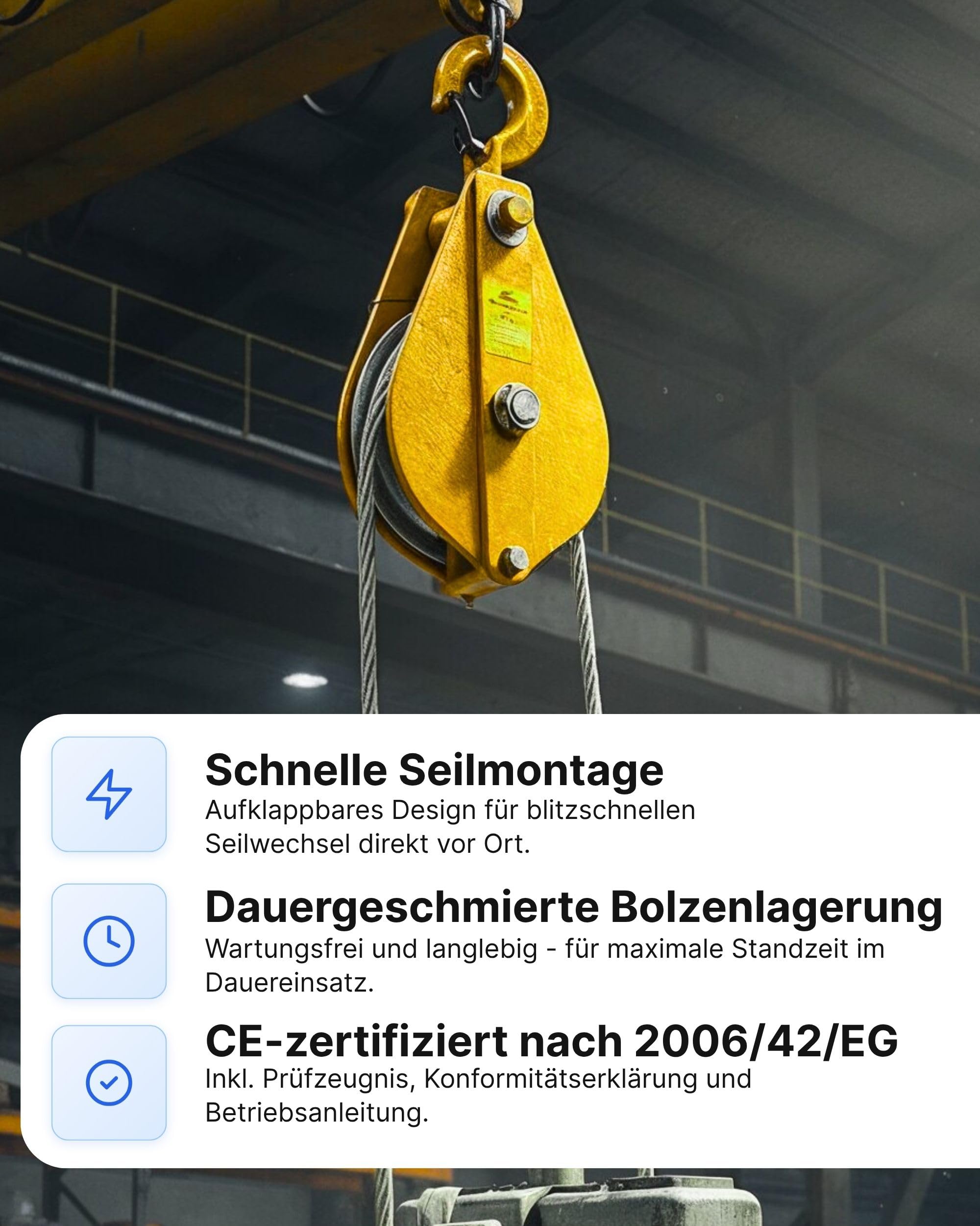 Robuste Umlenkrolle mit Haken 0,5-3,2 Tonnen – CE-zertifizierte Forstrolle aus Stahl, aufklappbar, Wirbel-Lasthaken, dauergeschmierte Lagerung - Tragfähigkeit 1000KG