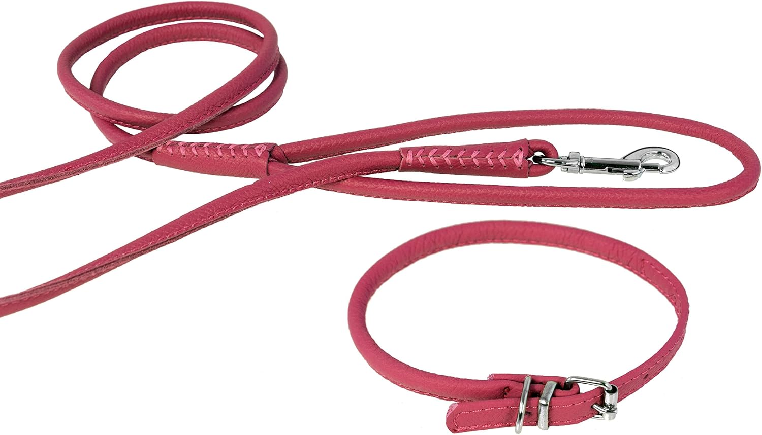 Dogline Soft Padded Rolled Round Leather Dog Collar (W 1/4-in x L 8 to 10-in) and Leash (W 1/4-in x L 4ft) for Dogs, Pink