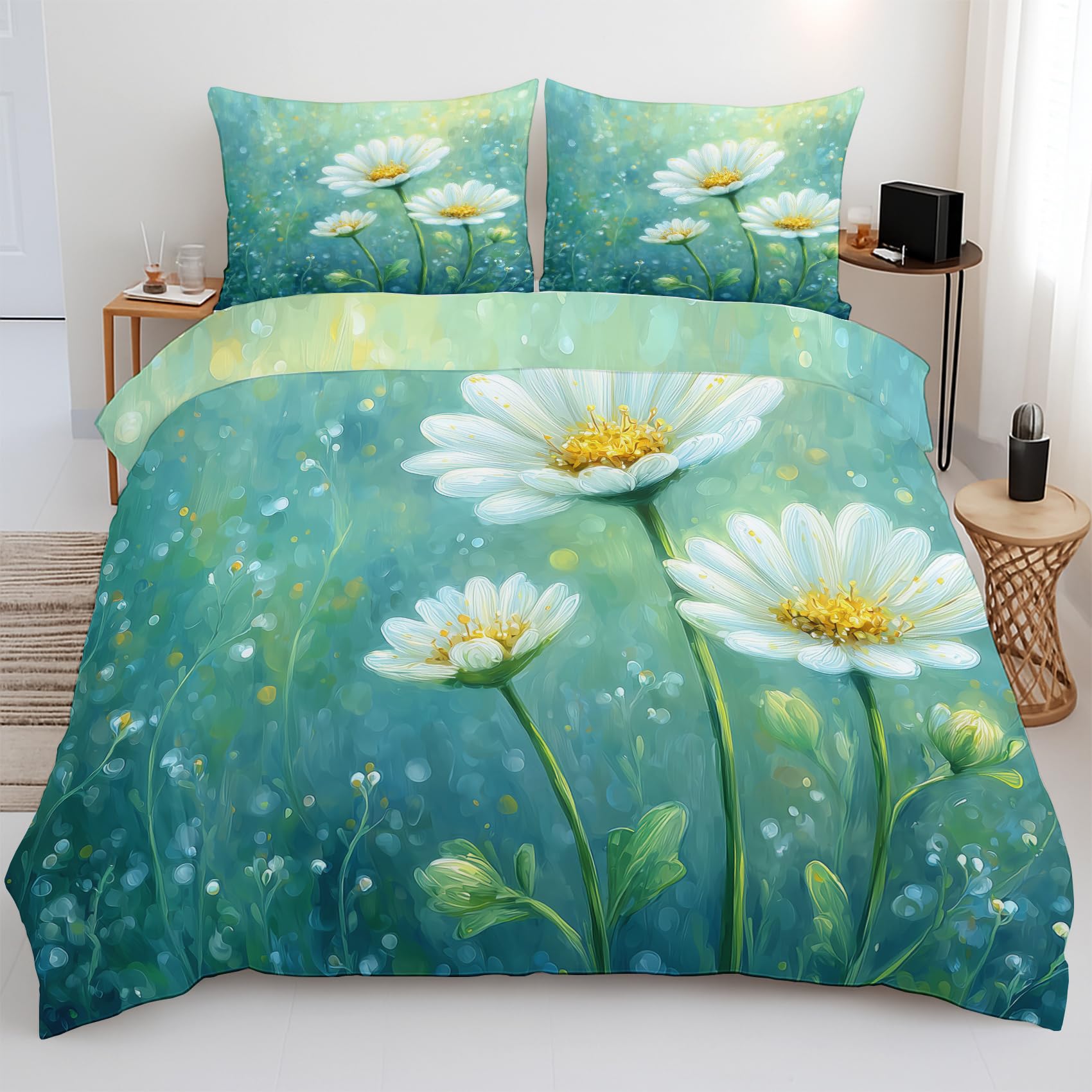 Housse de couette 200x200 verte avec parure de lit 3 pièces imprimé floral botanique