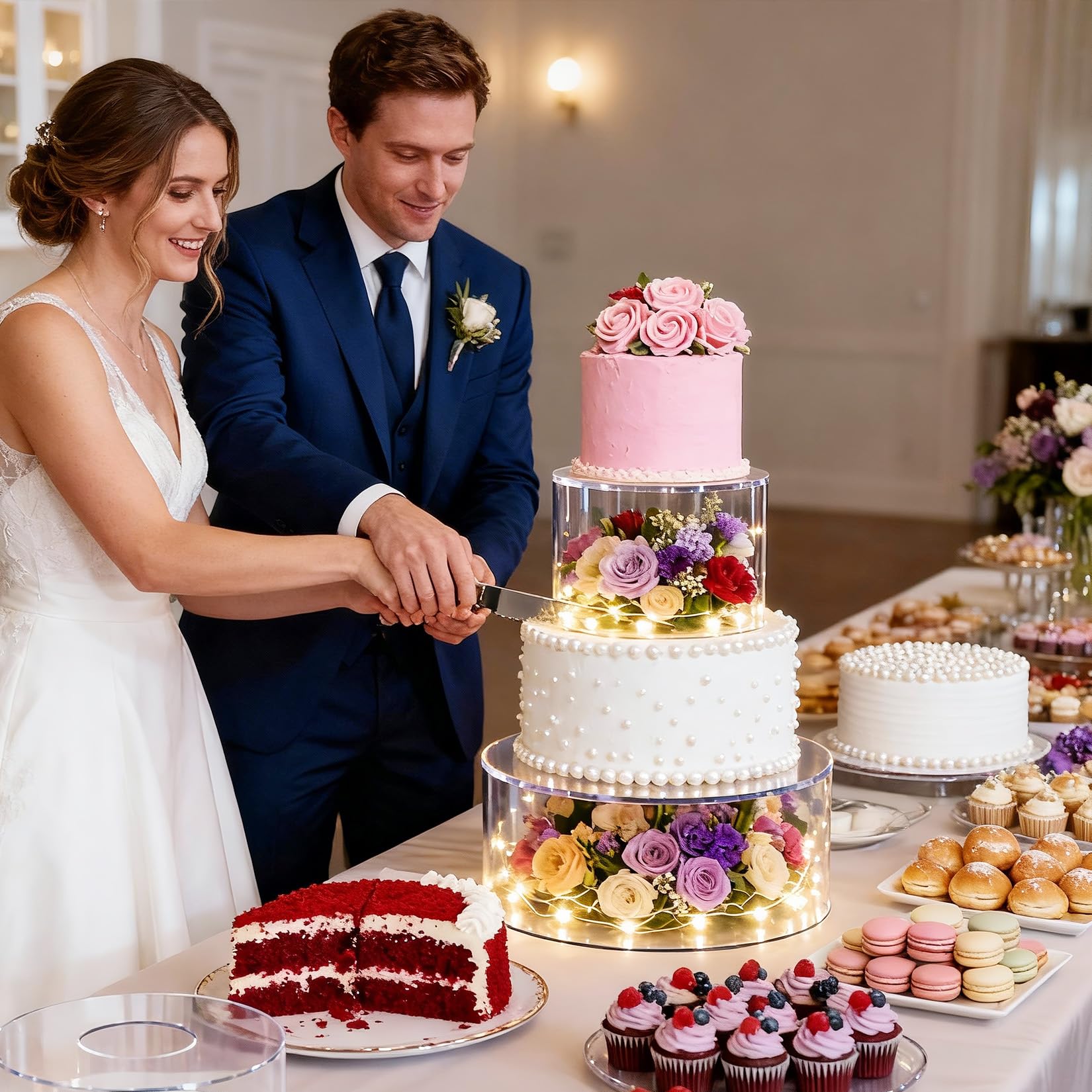 Garvee Alzata per torte in acrilico trasparente con luci a LED, 15,2/20/25,4 cm, rotonda, riempibile, con etichette, espositore da tavolo per dessert, per feste, matrimoni, compleanni