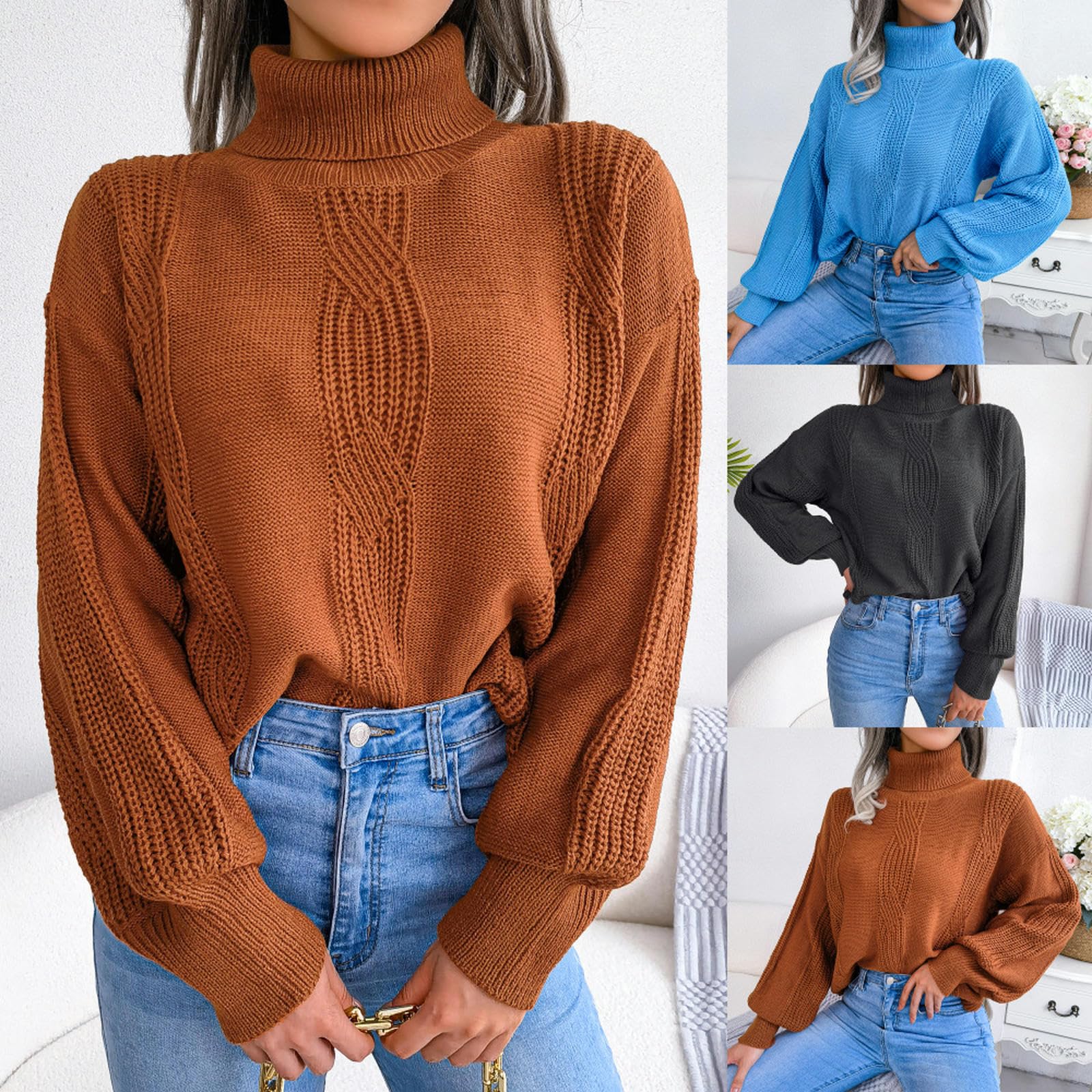 Maglione Donna Signore da Donna Torno Rotola di Tartaruga per Tartaruga per Maglione Semplice Manica Lunga-Marrone-l