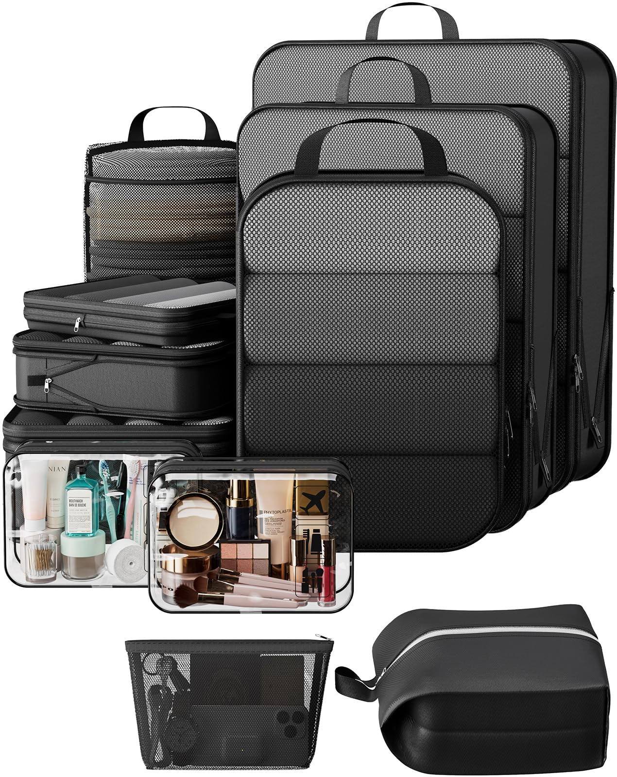 Veken 11 Set Compression Packing Cubes for Travel Essentials,Compressible Expandable Large Luggage Suitcase Organizer Bags for Clothing,Durable Space