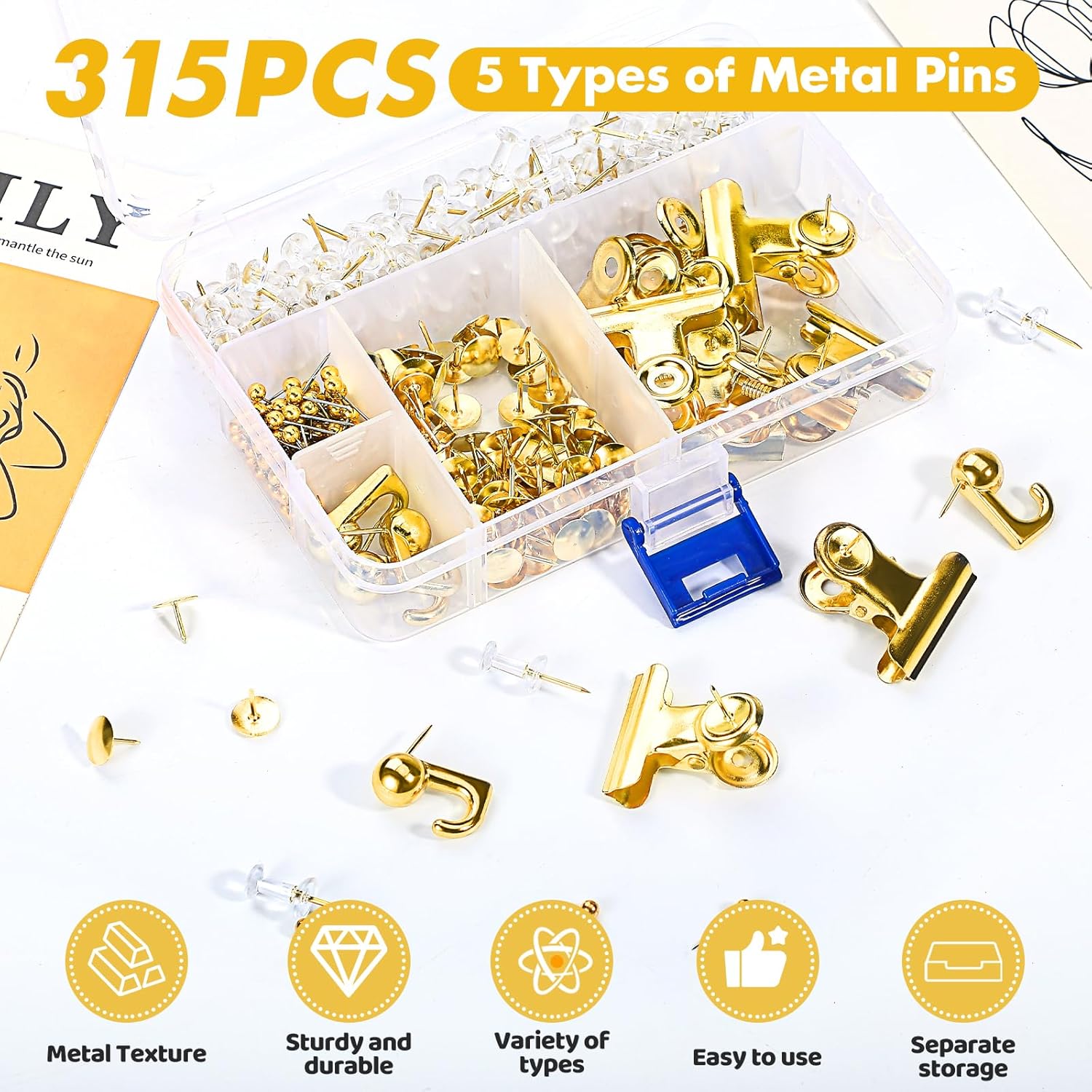 315Pcs 5 Style Gold Push Pins, Decorative Push Pins, Cute Pushpin Clip, Push Pin Hooks, Gold Metal Thumb Tacks Office Accessories for Cork Board Map Office
