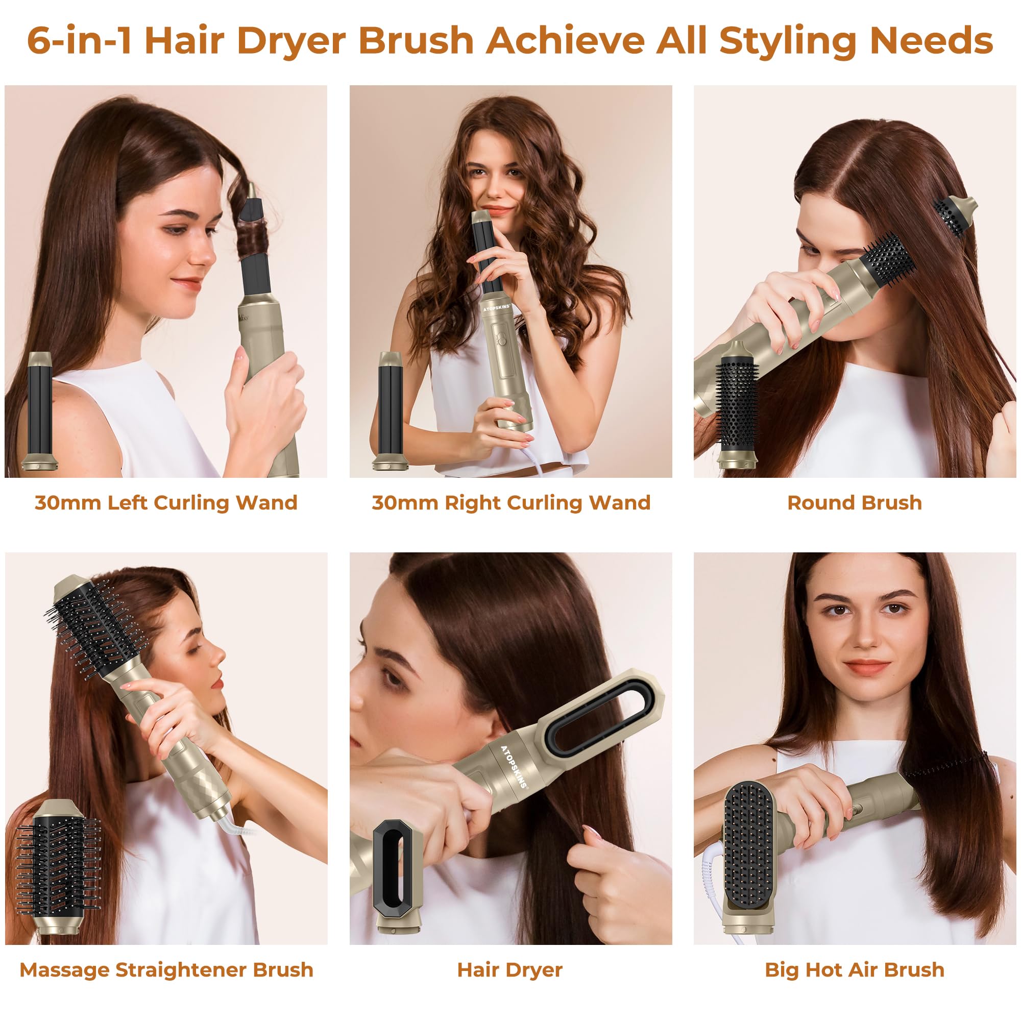 Atopskins Airstyler 6 in 1, Asciugacapelli 6 in 1 Spazzola Asciugacapelli 6 in 1, Hairstyler 6 in 1 Multifunzione Phon Capelli,Spazzola Asciugacapelli, Ioni Air Curler Brush, Regali Set per Donne
