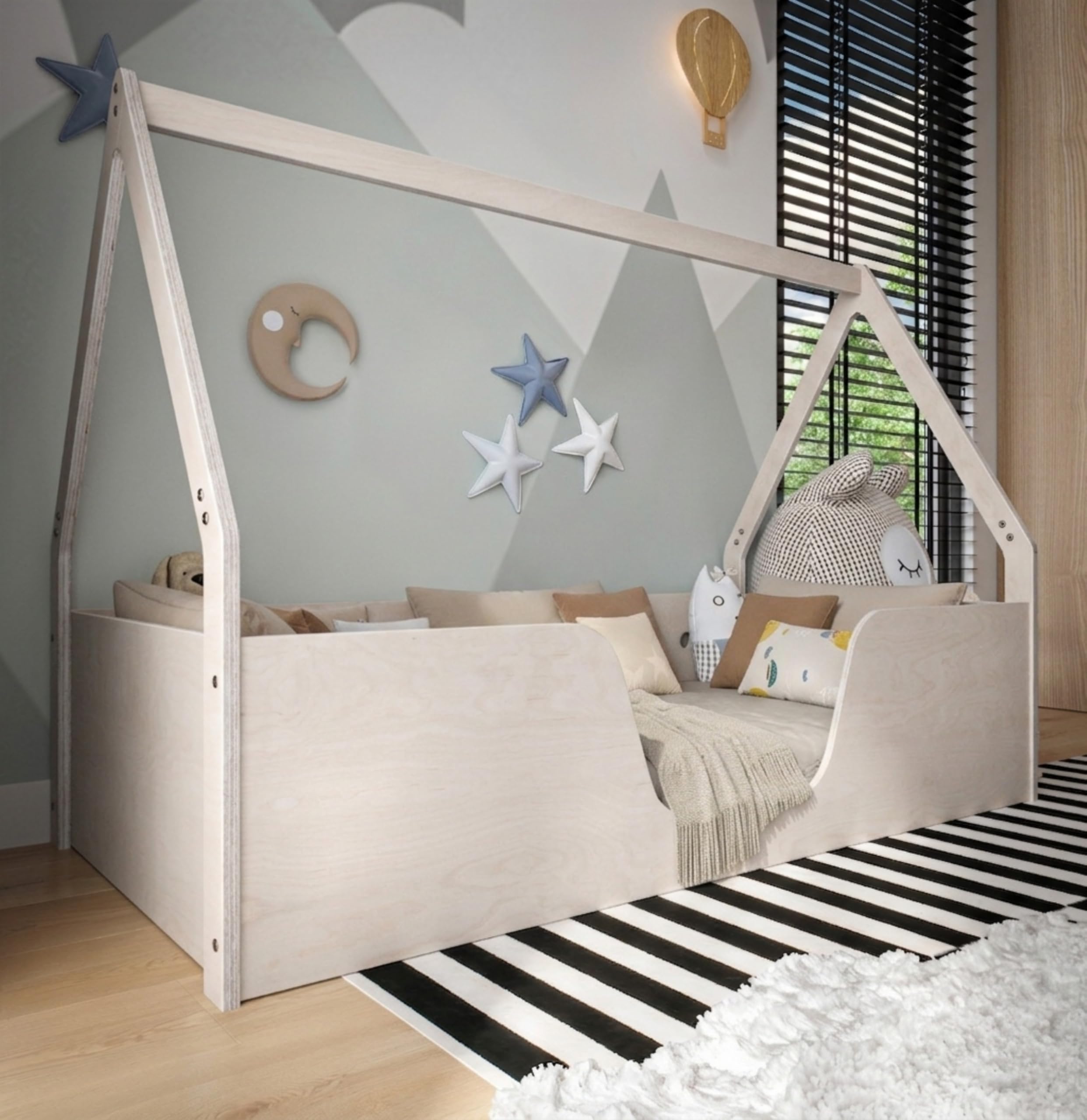 OSONO | Nido Fort S Hausbett Kinder 120x200 cm aus Naturholz | Montessori Bodenbett mit Rausfallschutz & Lattenrost | Kinderbett im skandinavischen Stil