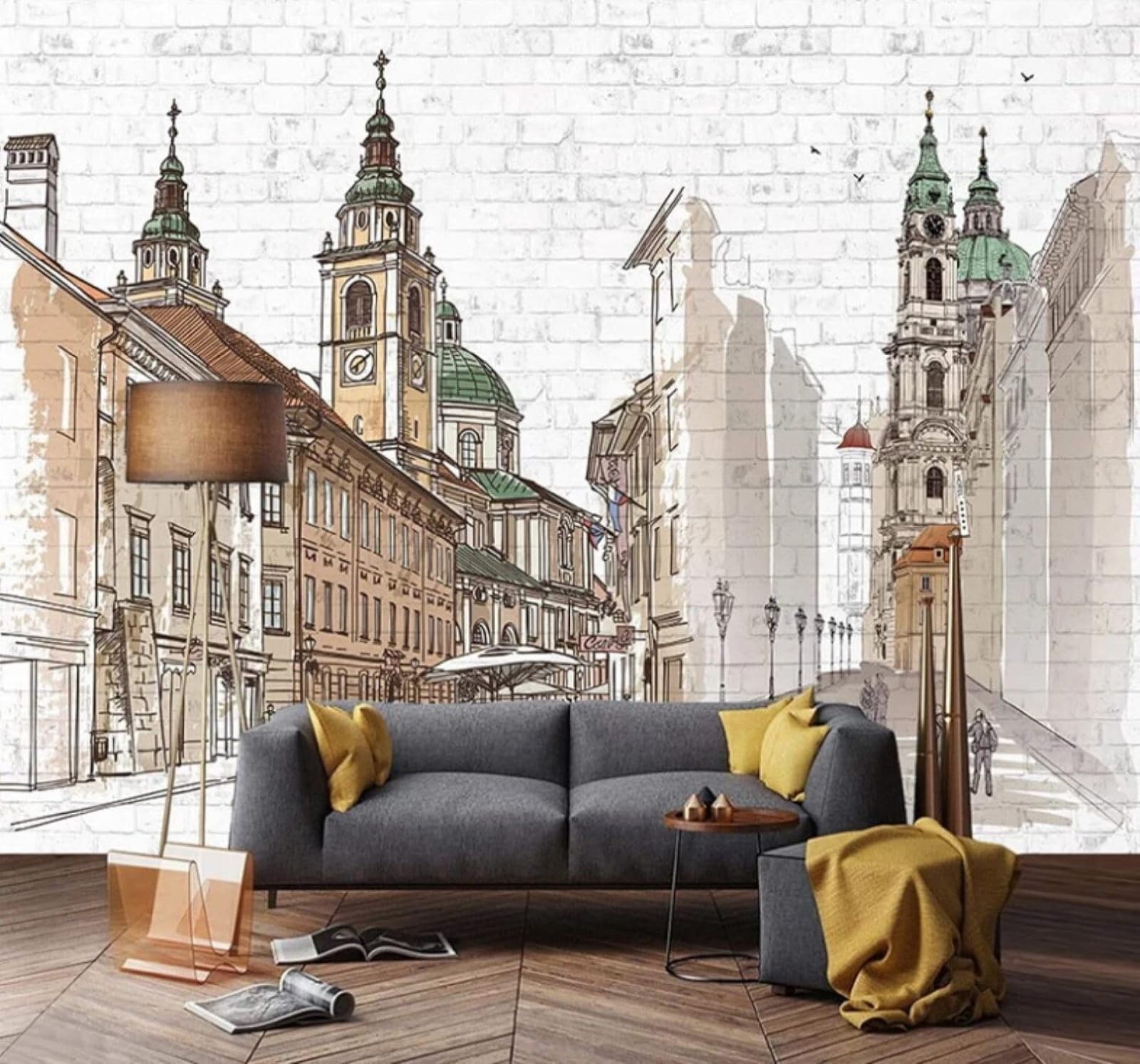 XLMING Retro Brick Wall Hand Drawn Urban Architecture Art 3D Wallpaper Luxury Silk Study Dining Feature Sofa Grey Bedroom Living Room Tv Decorative Wall-350cm×256cm