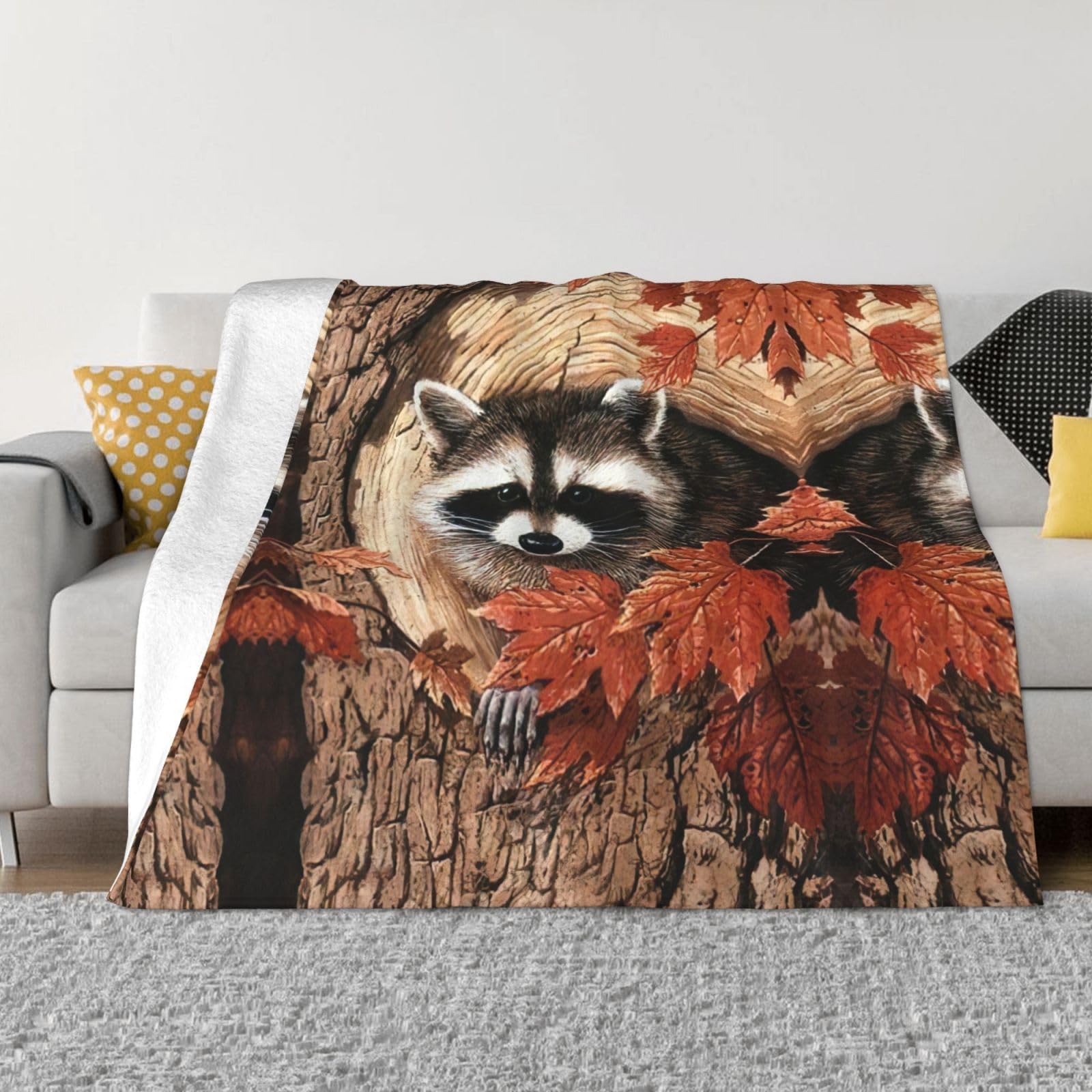Couverture en flanelle EdWal 152x127 cm imprimé raton laveur d'automne