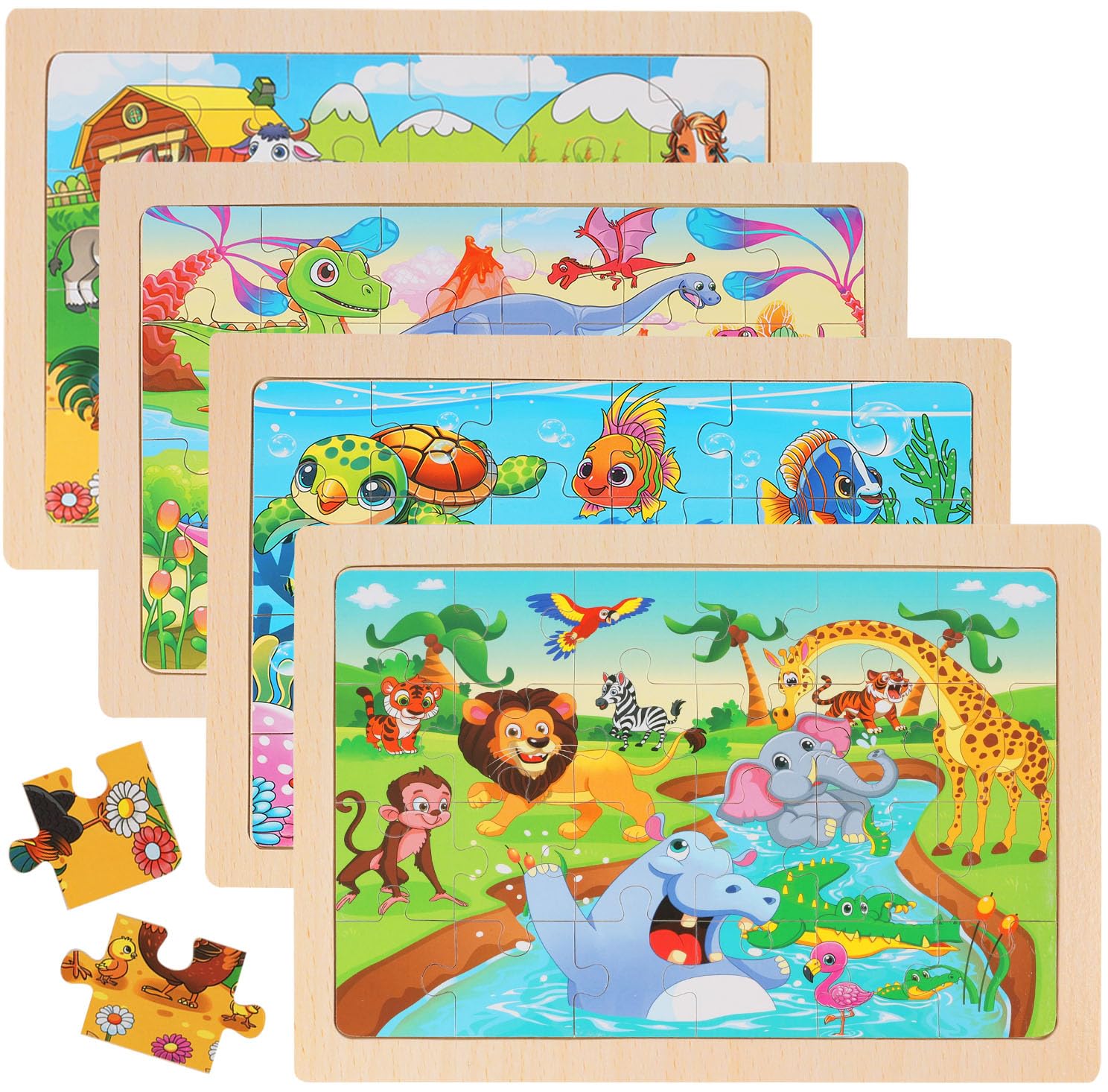 Puzzles for Kids Ages 4-6, 4-Pack 24-Piece Wooden Kids Puzzles | Animal, Dinosaur, Ocean & Farm Themes | Educational Puzzles for Kids Ages 3-5, Age-Appropriate Learning Toys, Ages 3+