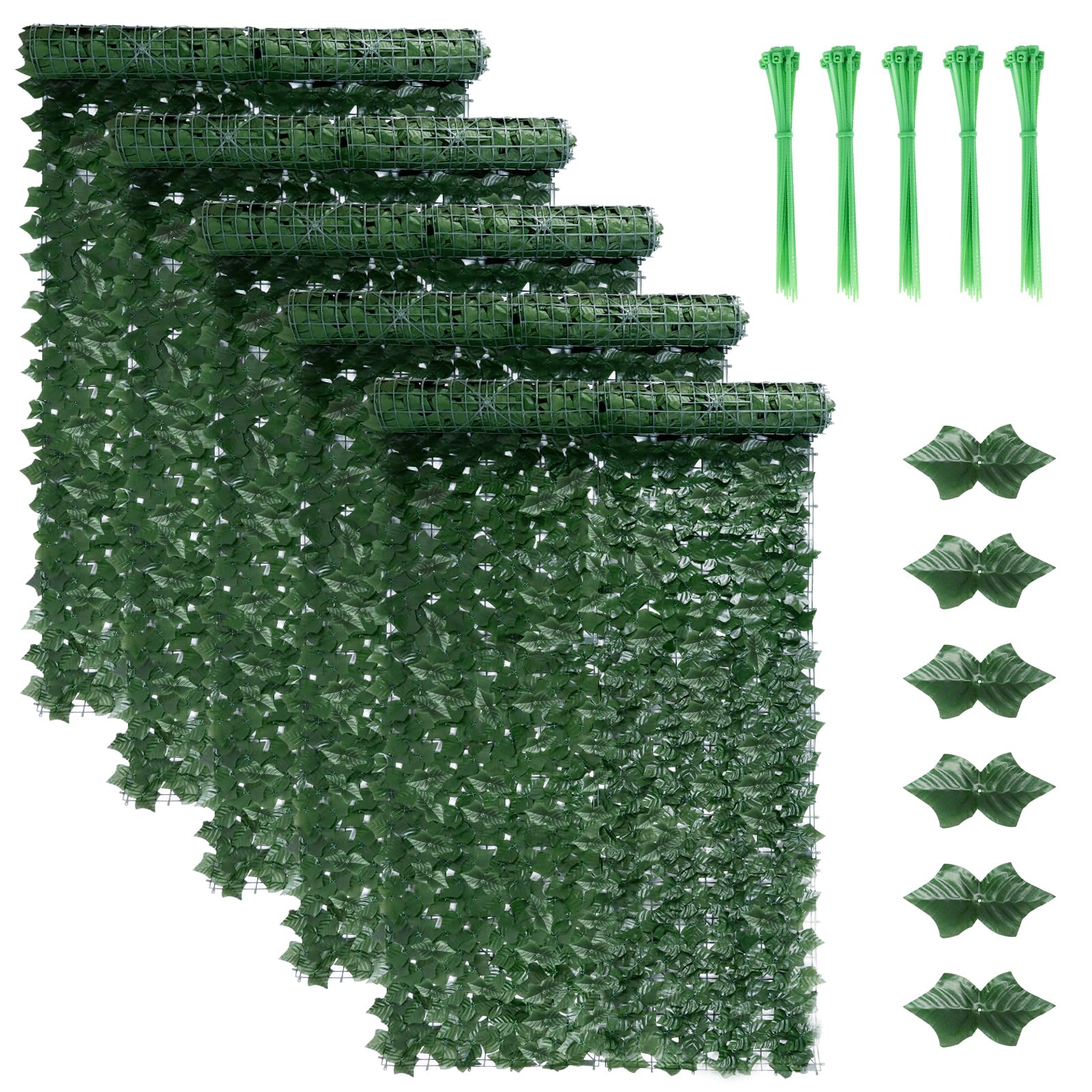 Artificial Ivy Fence Screen, 5PCS Garden Fence Screening Trellis with Artificial Leaves, 3m x 1m Expandable Faux Privacy Artificial Hedge Roll with 20pcs Zip Ties for Garden Balcony Outdoor Decoration