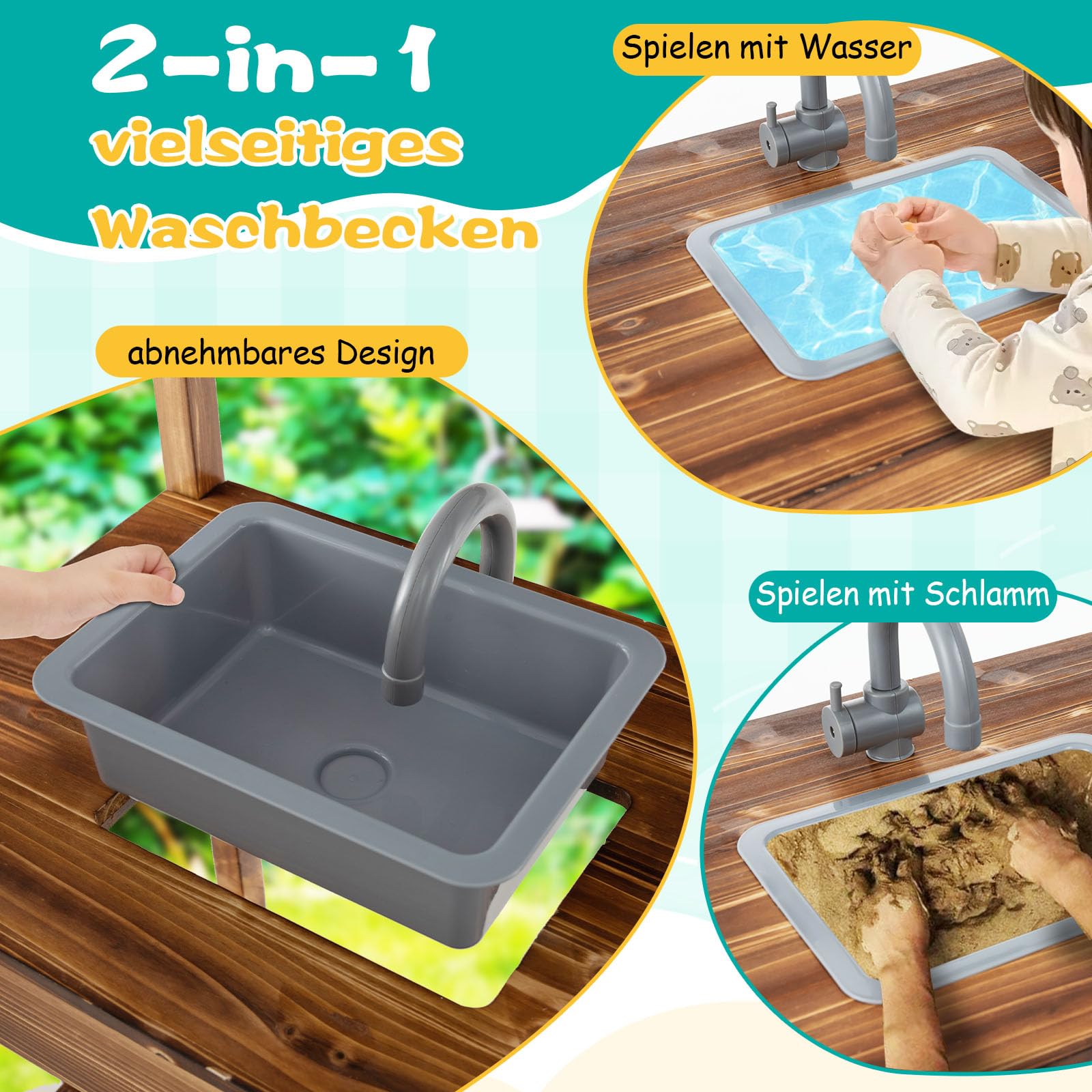 GOPLUS Matschküche Kinder Outdoor, Spielküche mit Vordach, Tafel, 4 Herdplatten, abnehmbarem Waschbecken & Küchenzubehör, Kinderküche Rollenspielküche mit Stauraum für Kinder ab 3 Jahren, Natur