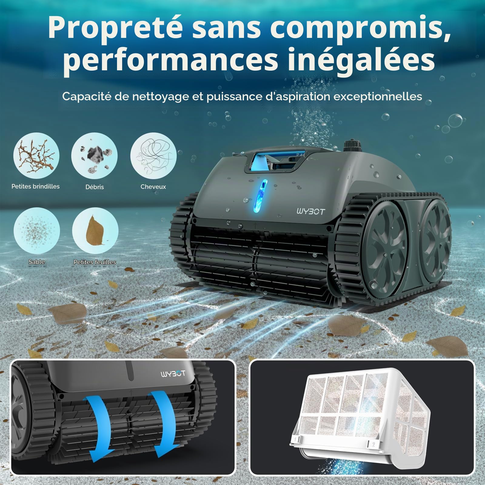 WYBOT OS7010 Max Robot Piscine Fond et Parois avec App, 210 Minutes Aspirateur Piscine, Robot Piscine sans Fil à Moteur 65 W, Cycle de Nettoyage, Grimpe Mur & Ligne d'eau,Jusqu'à 200㎡ (Gris foncé)