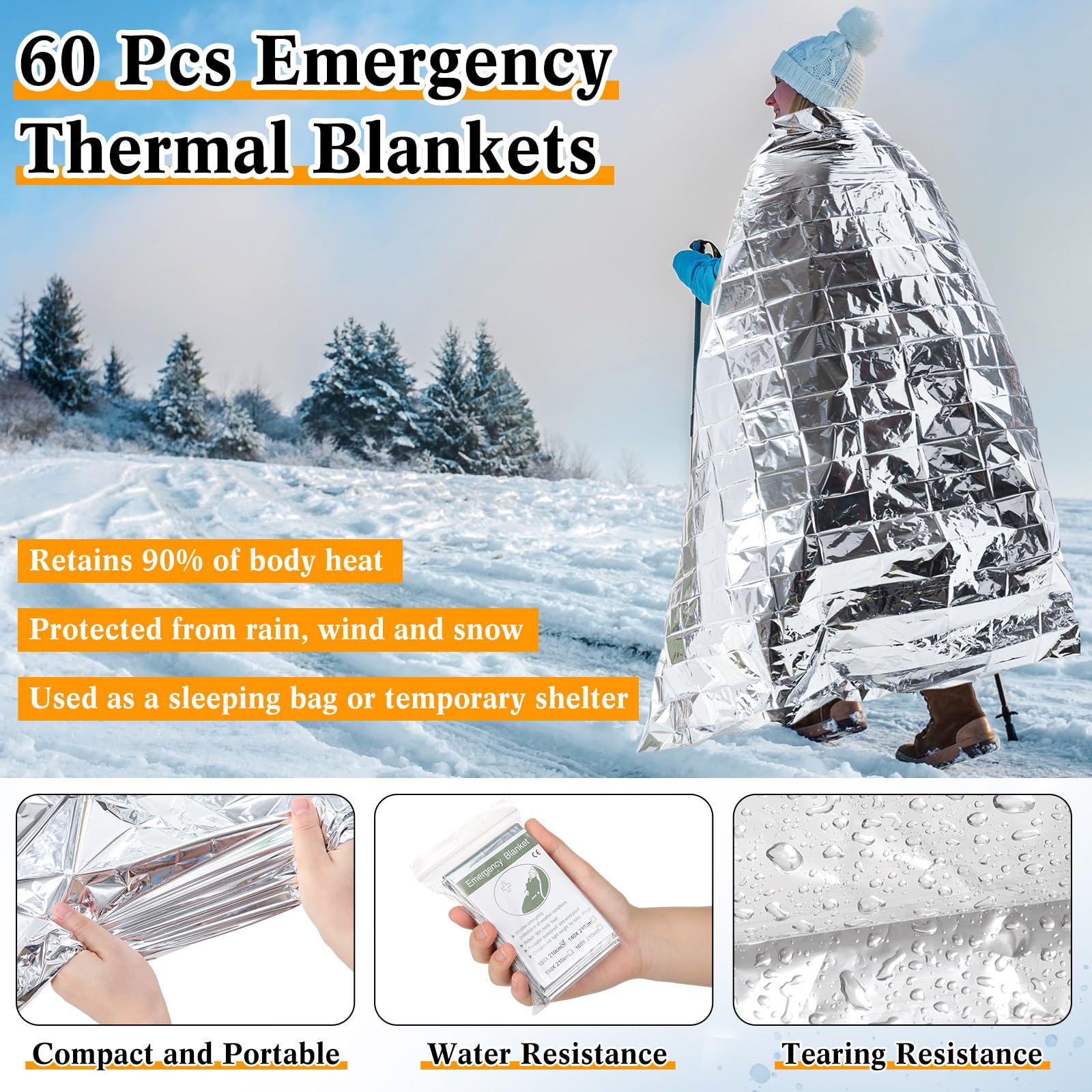 Juego de 180 mantas térmicas de emergencia de invierno, calcetines cálidos, guantes para pantalla táctil, manta espacial a granel, kit de supervivencia para clima frío, camping, senderismo, para