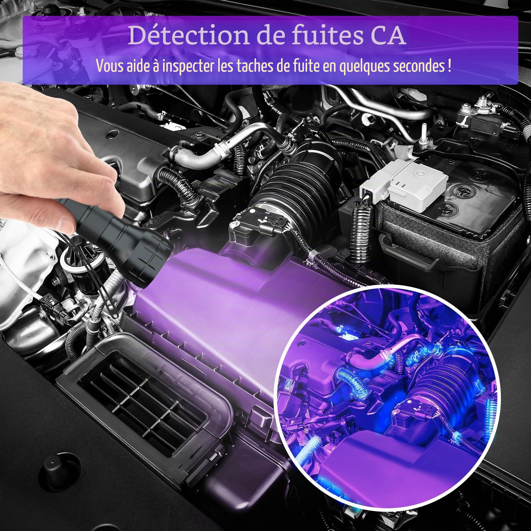 COSOOS Outil de détecteur de fuite de climatisation, Kit détecteur de fuite AC, Lumière UV pour détection de fuite de colorant UV AC, Détecteur de fuite de colorant d'huile avec lunettes de protection