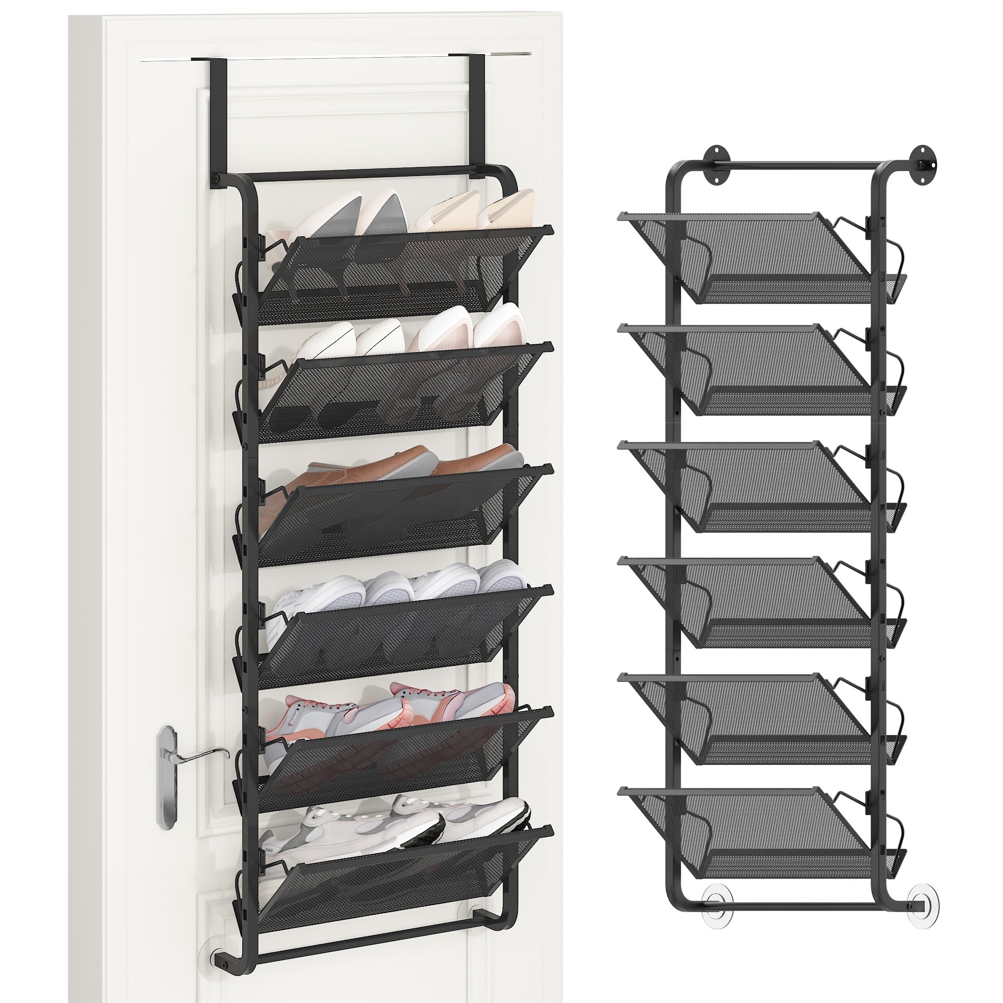 BUKFEN 6 Tier Adjustable Metal Shoe Rack, Door &amp; Wall Mount Organizer