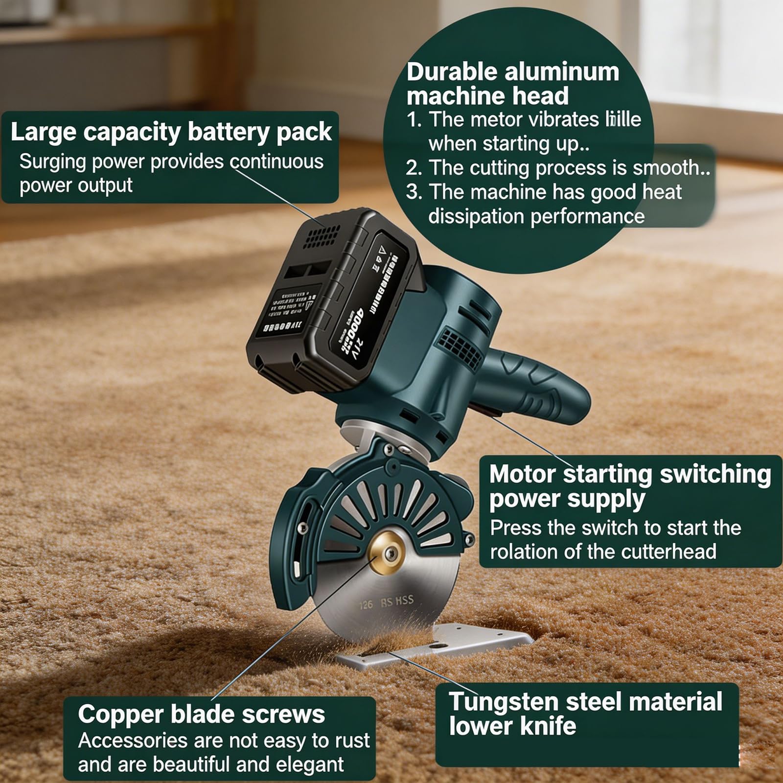 MObyat Cortadora Rotativa Eléctrica Inalámbrica De Tela De 1400 RPM, con Afilado Automático, Grosor Máximo De Corte De 45 Mm, para Tapicería De Cuero Y Alfombras
