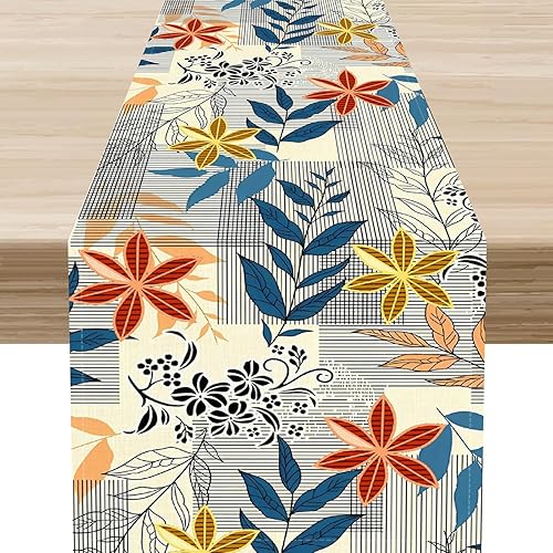 Miniatura 8 de Camino de mesa de los años 70, rústico azul ondulado, cuadrícula floral, moderno, retro, bohemio, hippie de los años 60, decoración abstracta de la