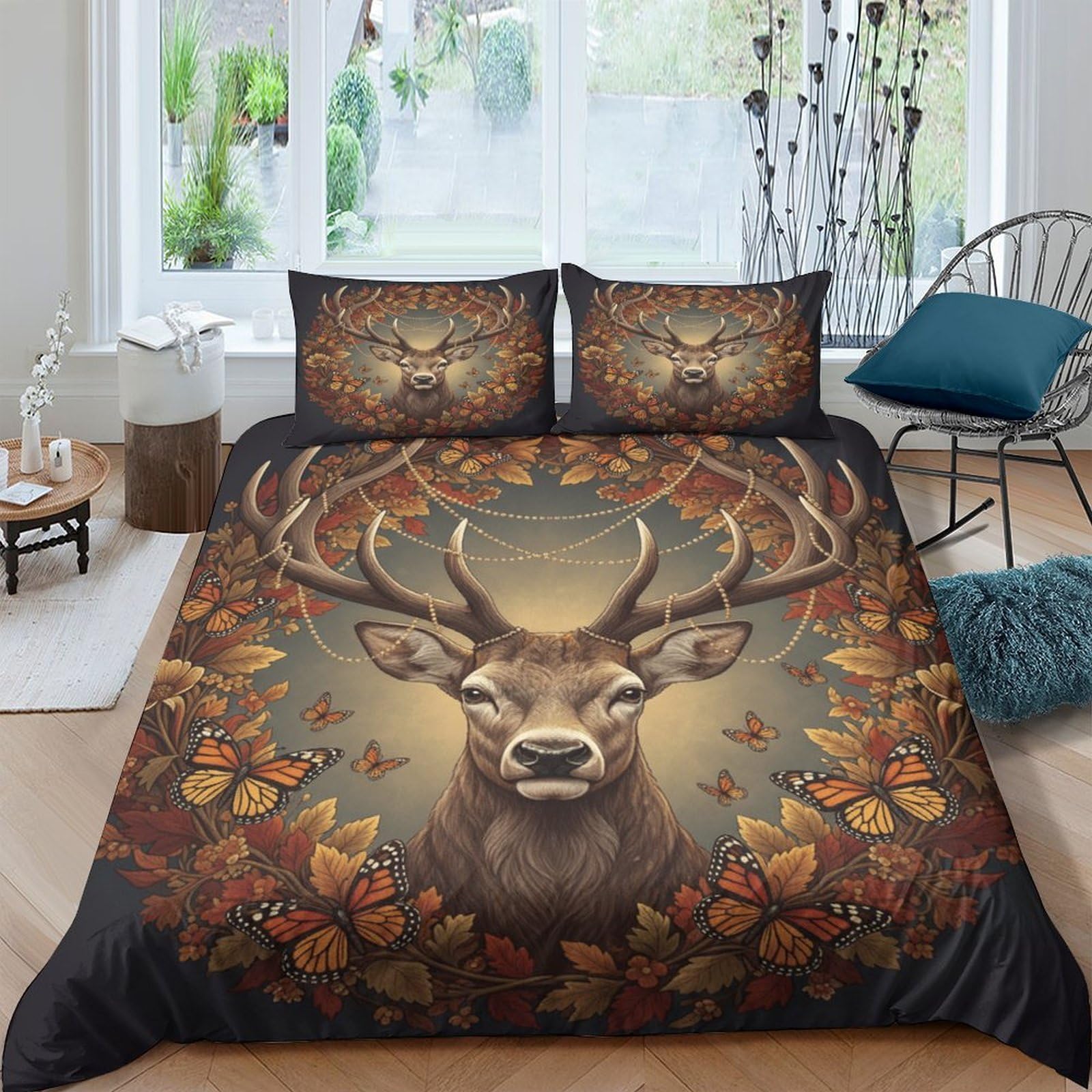 Ctjqhvkz Style-10 3D Printed Autumn Deer Fitted Sheet Microfiber Brown Forest Leaves Bed Cover For Bedroom Guest Room Decor Single（135X200cm）