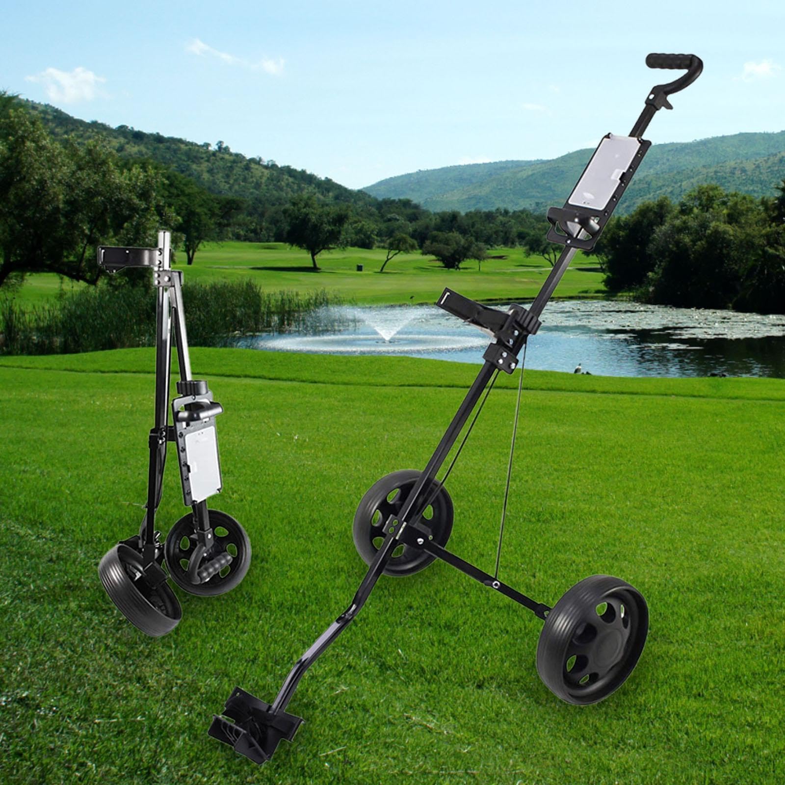 Golftrolley mit großem Fassungsvermögen, ideal für den Transport von Golftaschen auf dem Golfplatz. Der zweirädrige Schiebe und Ziehwagen ist aus