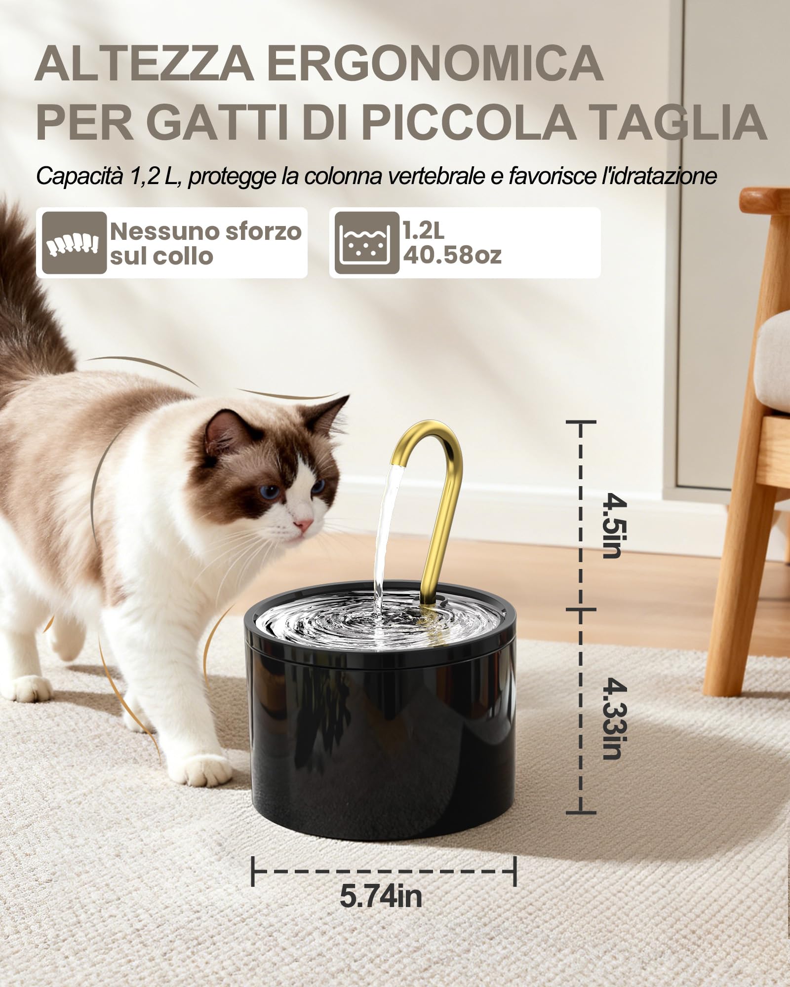 Kittyspout Fontana per gatti in ceramica 1,2L con 2 Filtri Inclusi | Pompa ultra silenziosa, fontana nera con rubinetto in rame, adatta a gatti e cani di piccola taglia