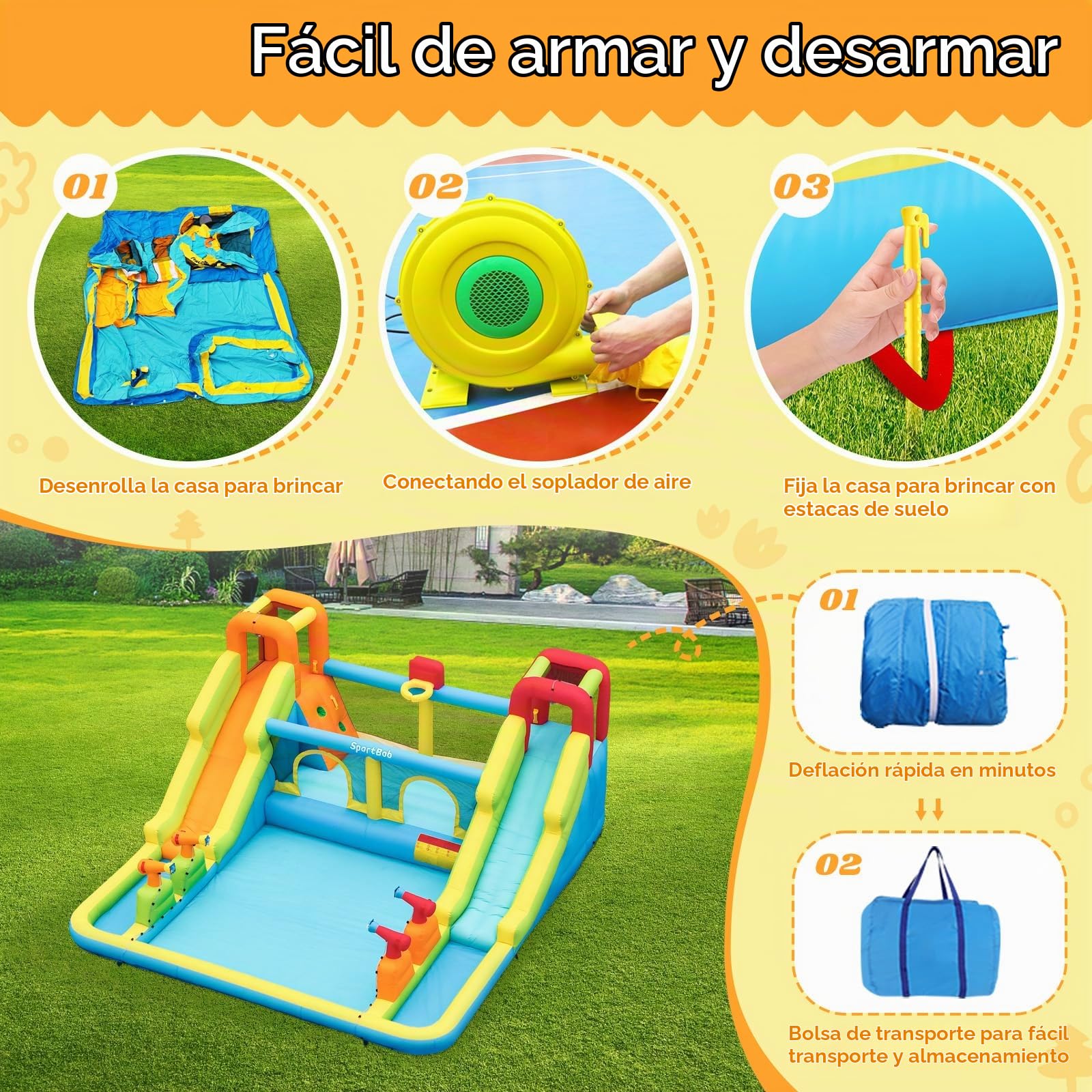 Castillo Hinchable con Doble Tobogán de Agua y Soplador, 452x416x210cm
