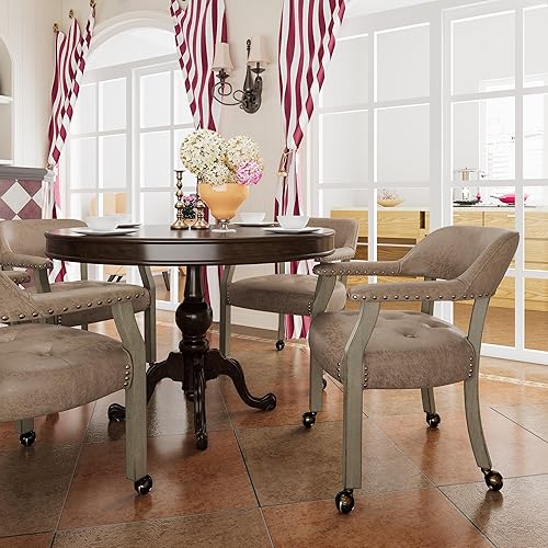 Miniatura 2 de MODERION Sillas de comedor modernas de madera maciza marrón con ruedas y brazos, sillas de escritorio de oficina, sillas de acento giratorias