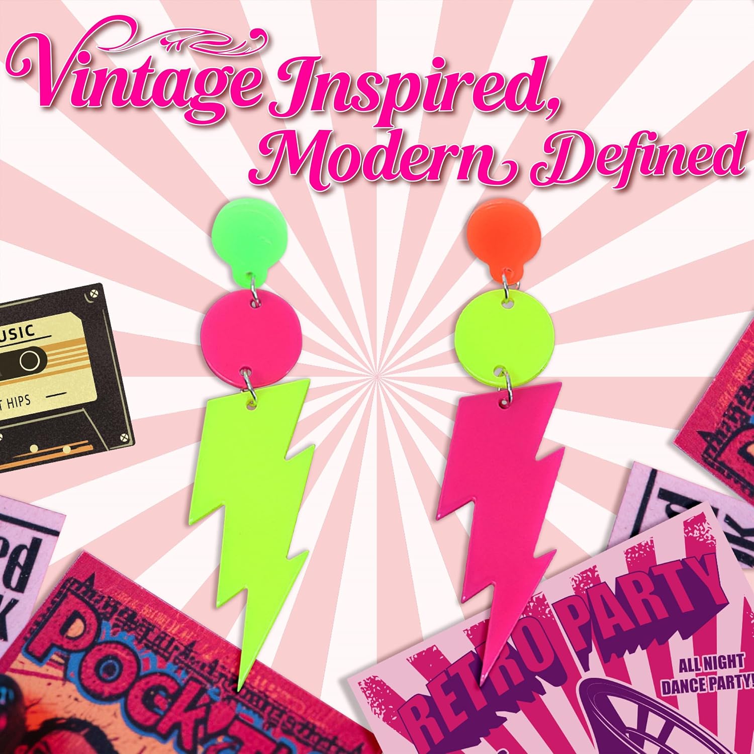 80s 90s Neon Earrings, 2 Pairs Lightning Bolt Acrylic Fluorescent Retro Hoop Earrings for Glow Party, Fashion 80s Accessories for Women, 80s 90s Vintage Style Punk Jewelry Gifts - Image 7