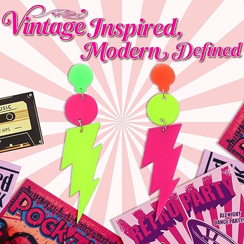 Miniatura 7 de Aretes de neón de los años 80 y 90, 2 pares de aretes de aro retro fluorescentes acrílicos fluorescentes para fiesta brillante, accesorios de moda