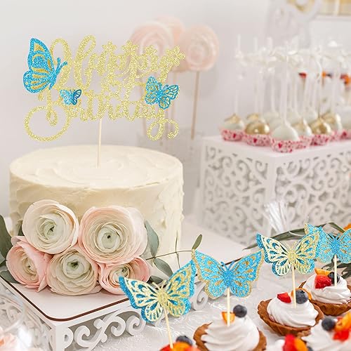 Miniatura 6 de Gyufise 13 adornos de mariposa para tartas montados en 3D para cupcakes de mariposa para niñas y mujeres, decoración de pastel de cumpleaños,