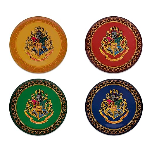 Silver Buffalo Harry Potter Hogwarts Crest Solid Diamond Pattern 4pc Melamine Plate Set, 10-Inches