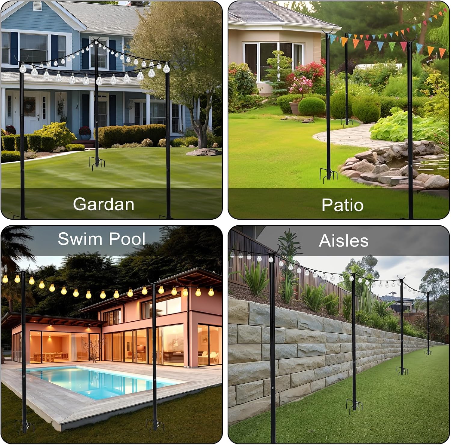 4 Pcs String Light Hook Poles with Superior Stability 5-Pronged Base, Waterproof Multiple Sections Ground Support Bracket, Patio Banner Lantern Hanging Stand Black