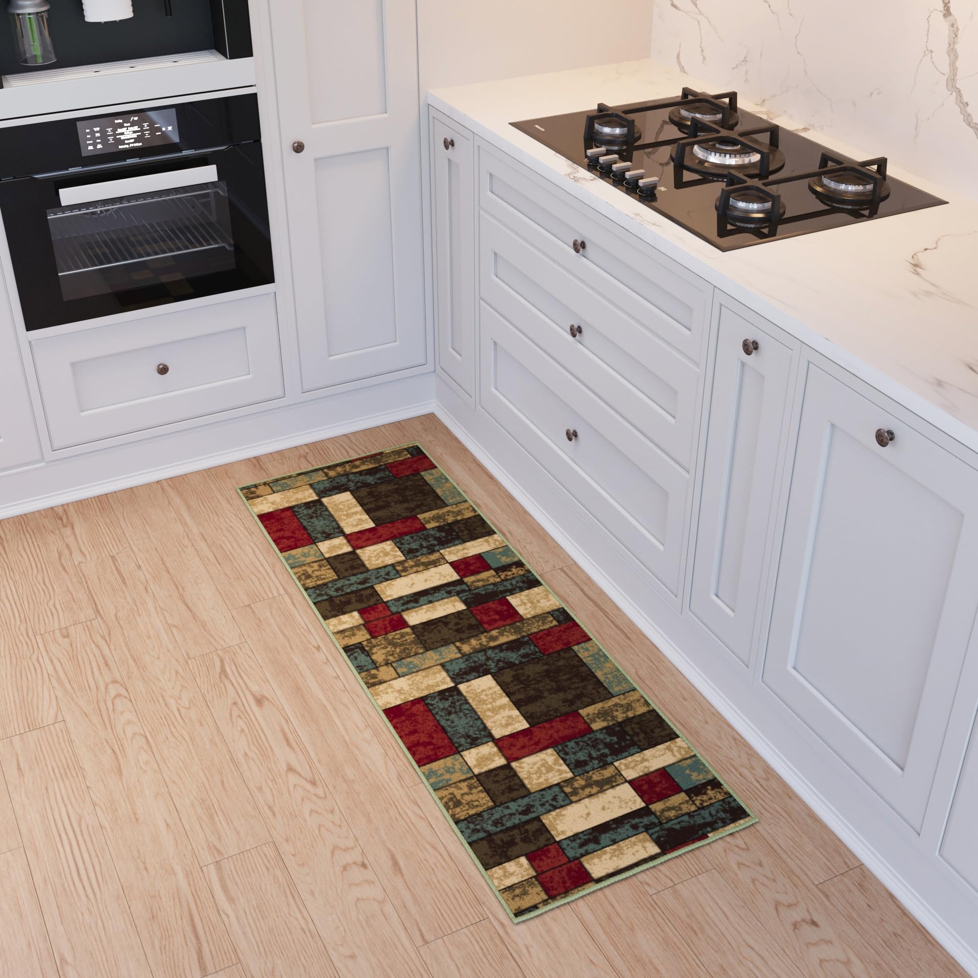 Ottomanson Hallway Runner Rug 20" x 59" Non Slip Boxes Area Rugs Easy to Clean Laundry Rug Runner Durable & Pet Friendly Floor Carpet Runners for