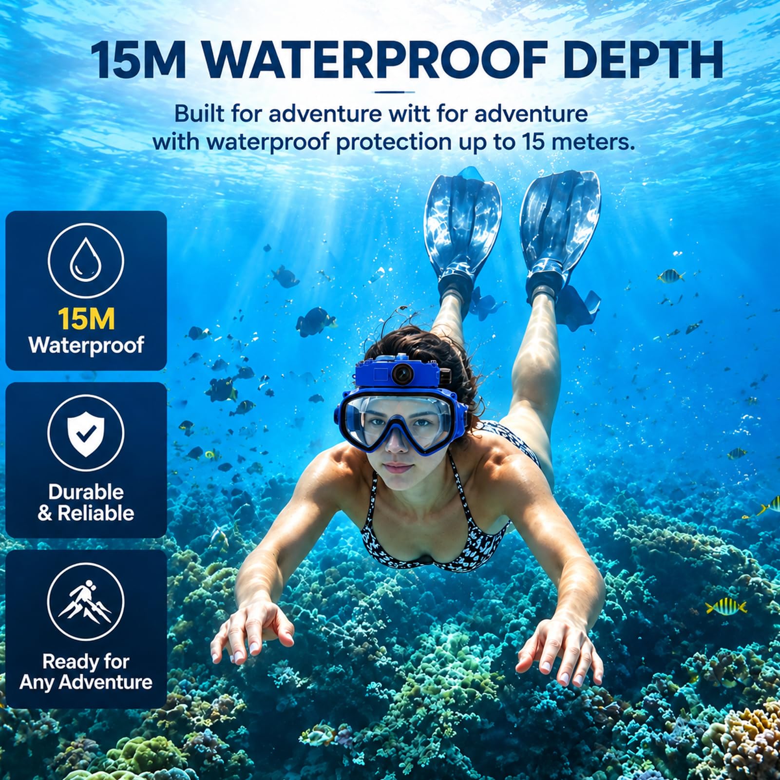 Denash Gafas de Buceo con Cámara, Máscara de Buceo para Snorkel y Uso con | Fotografía Subacuática 2K, Lente Gran Angular FOV de 100°, Soporte de Profundidad de 15M, Estabilización de Imagen con