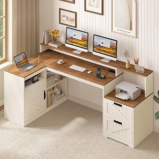 63" Farmhouse L Shaped Desk with Drawers and Printer Stand for Home Office | Computer Desk with Power Outlet, Home Office Desk with Storage Shelves and Monitor Stand, Brown and White - Amazon product rated Grade A