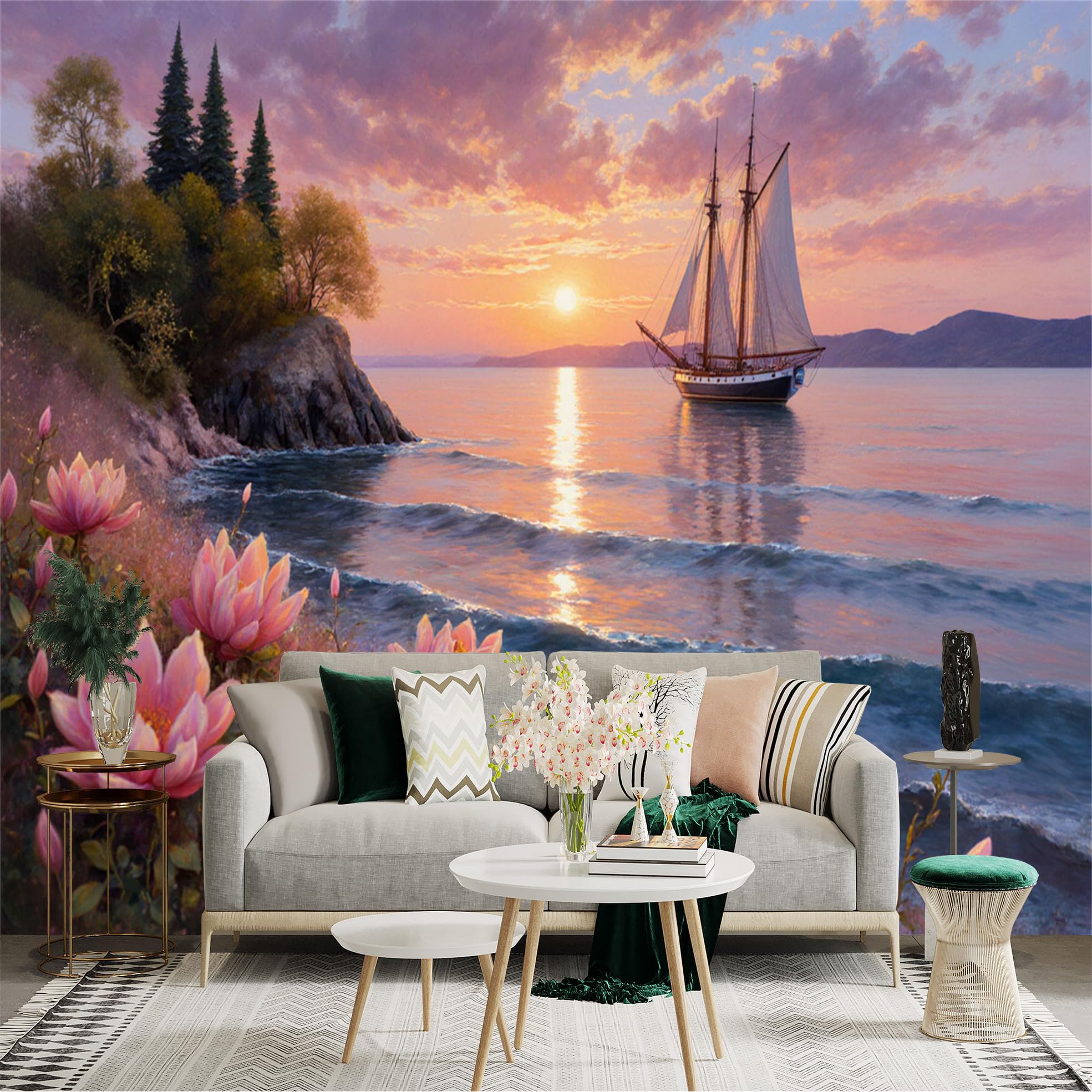 Custom Size Wall Sticker Mural， Sailboat on Tranquil Sea with Sunset， Flowers and Coastal Landscape， for wall Decoration， peelandstick wall Decals.