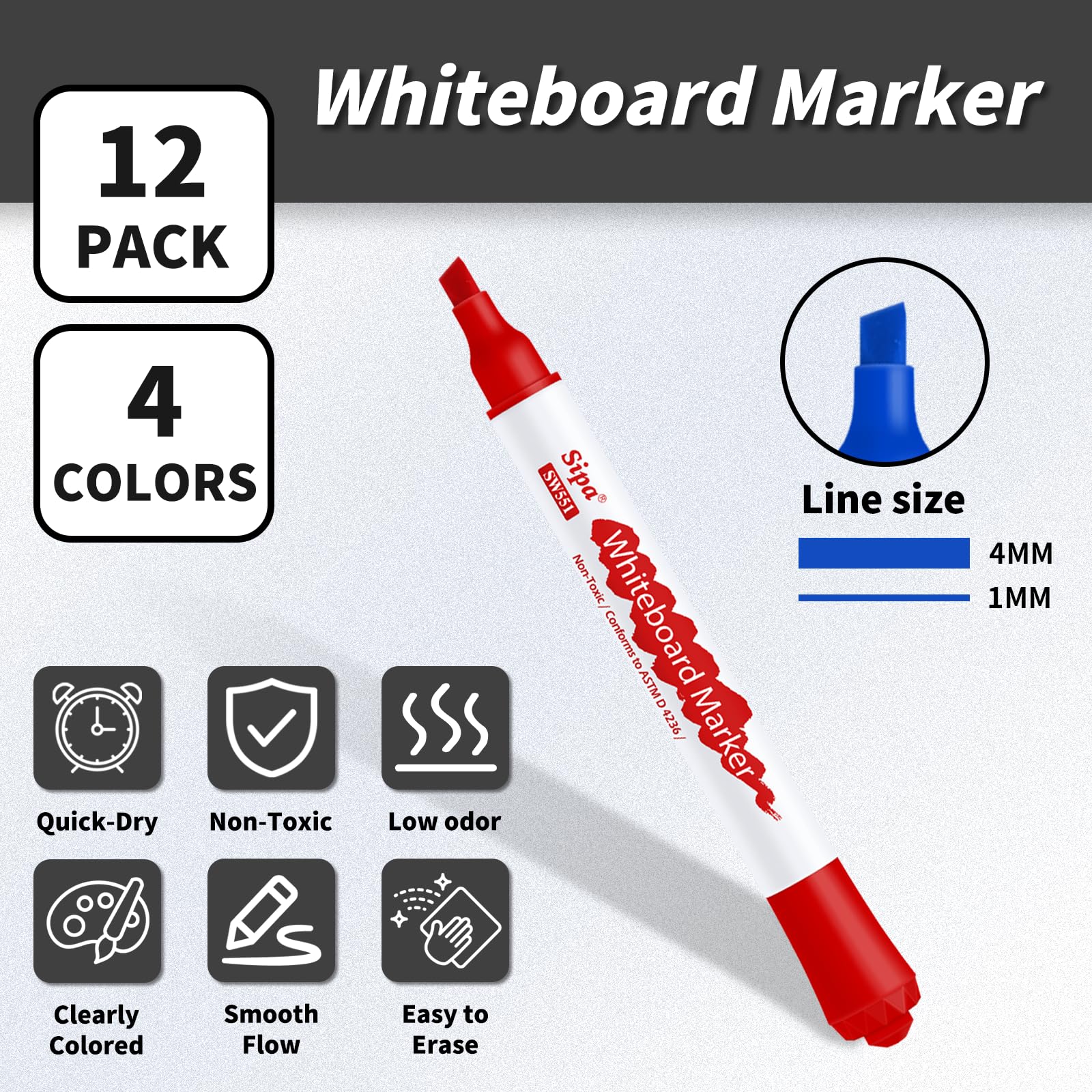 Sipa Whiteboard Markers Pens, 12 Bulk Dry Wipe Chisel Tip Erasable White Board Markers Pens Colour - Image 2