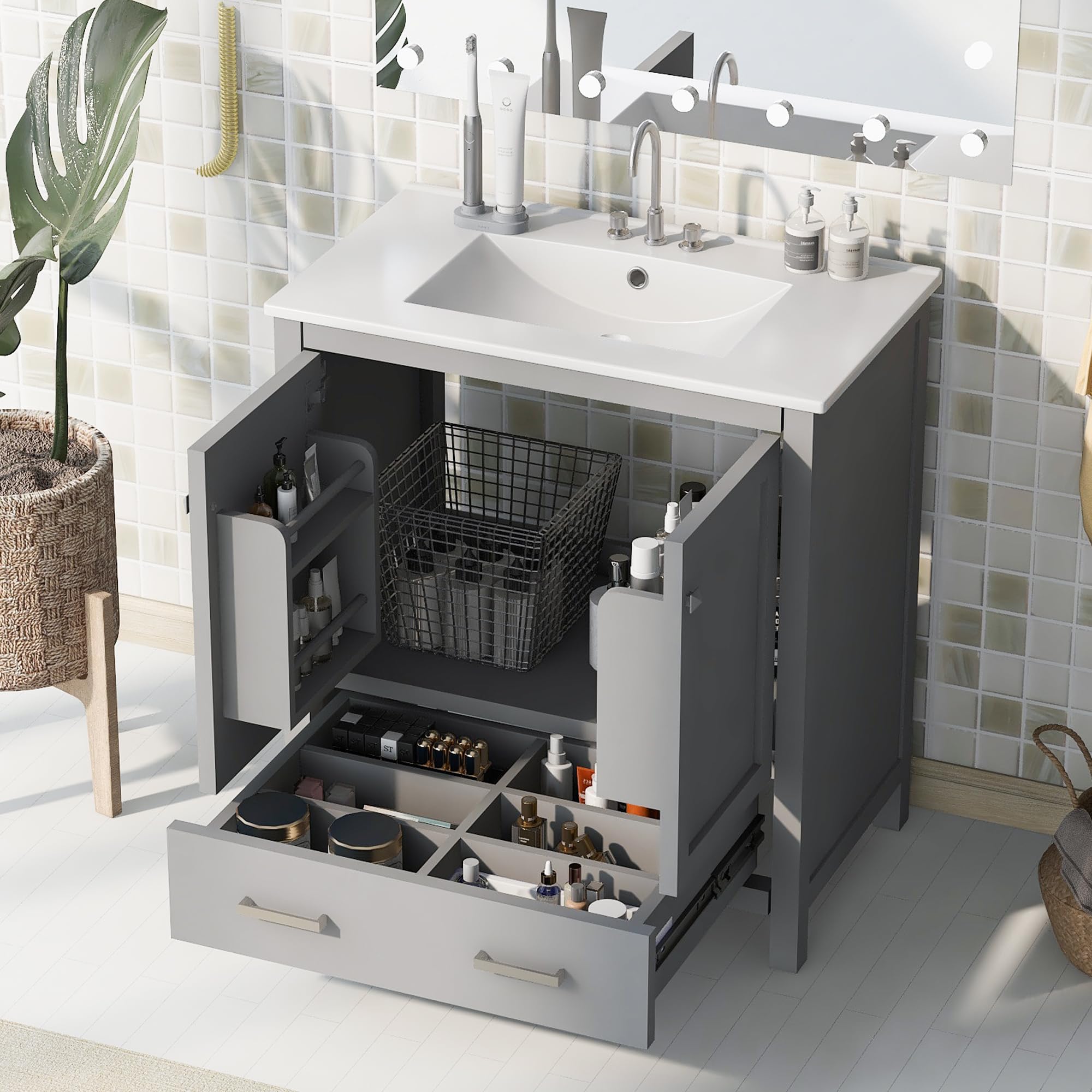 30" Gray Bathroom Vanity with Sink, Solid Wood Bathroom Vanity with a Drawer and 2 Doors, Multifunctional Storage Racks, Freestanding Bathroom Storage Cabinet with Ceramic Sink, Grey