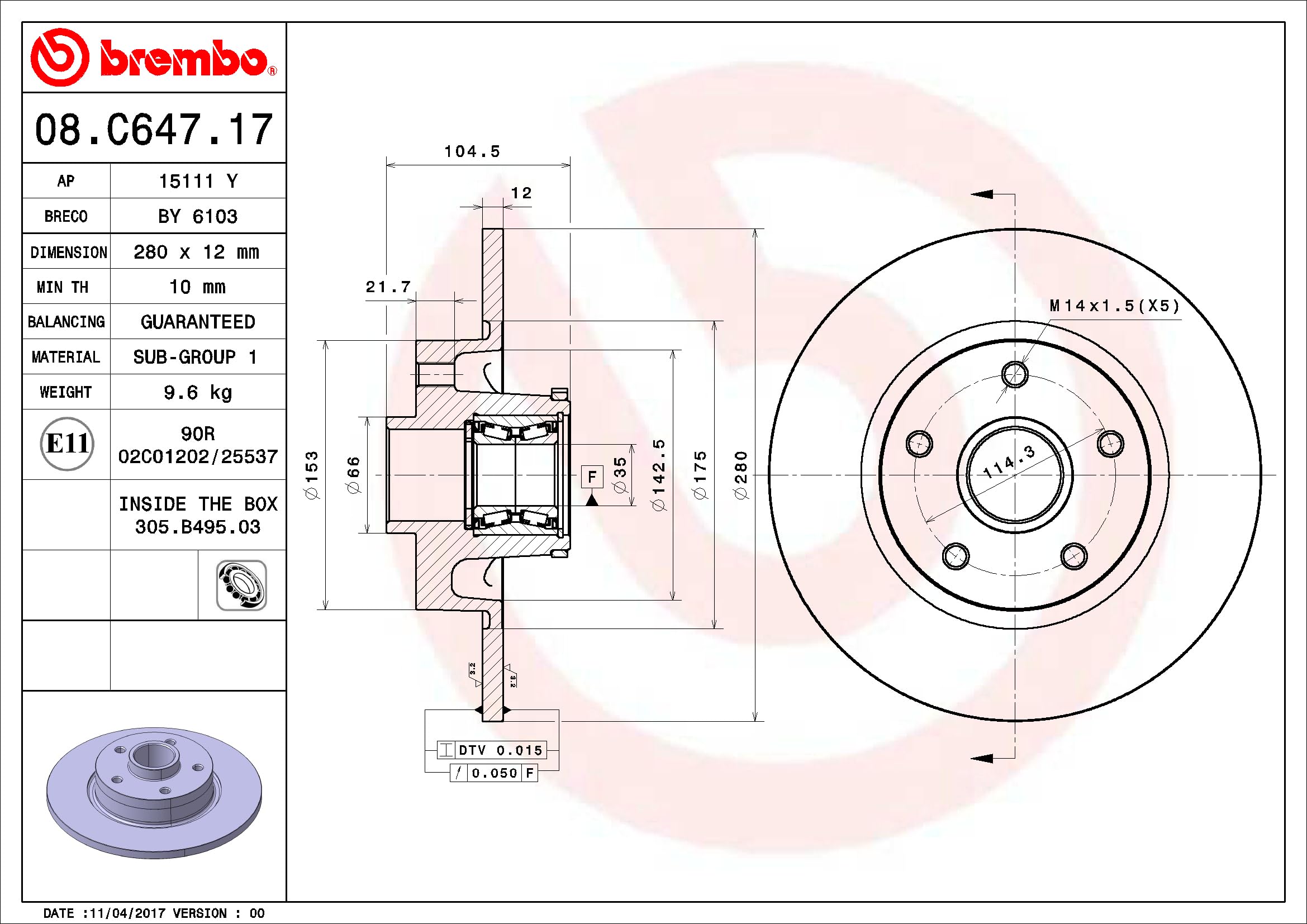 BREMBO 08.C647.17, 2 szt Tarcze Hamulcowe tył 280mm