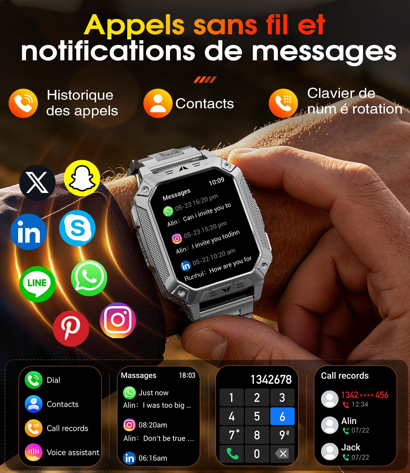 SUNKTA Montre Connectée Homme 1400mAh, 2.01'' Smartwatch avec LED Lampe, 110+ Modes Sportifs, Étanchéité IP68, Appels Bluetooth Smartwatch Militaire, Surveillance Cardiaque 24H,Sommeil, SpO2