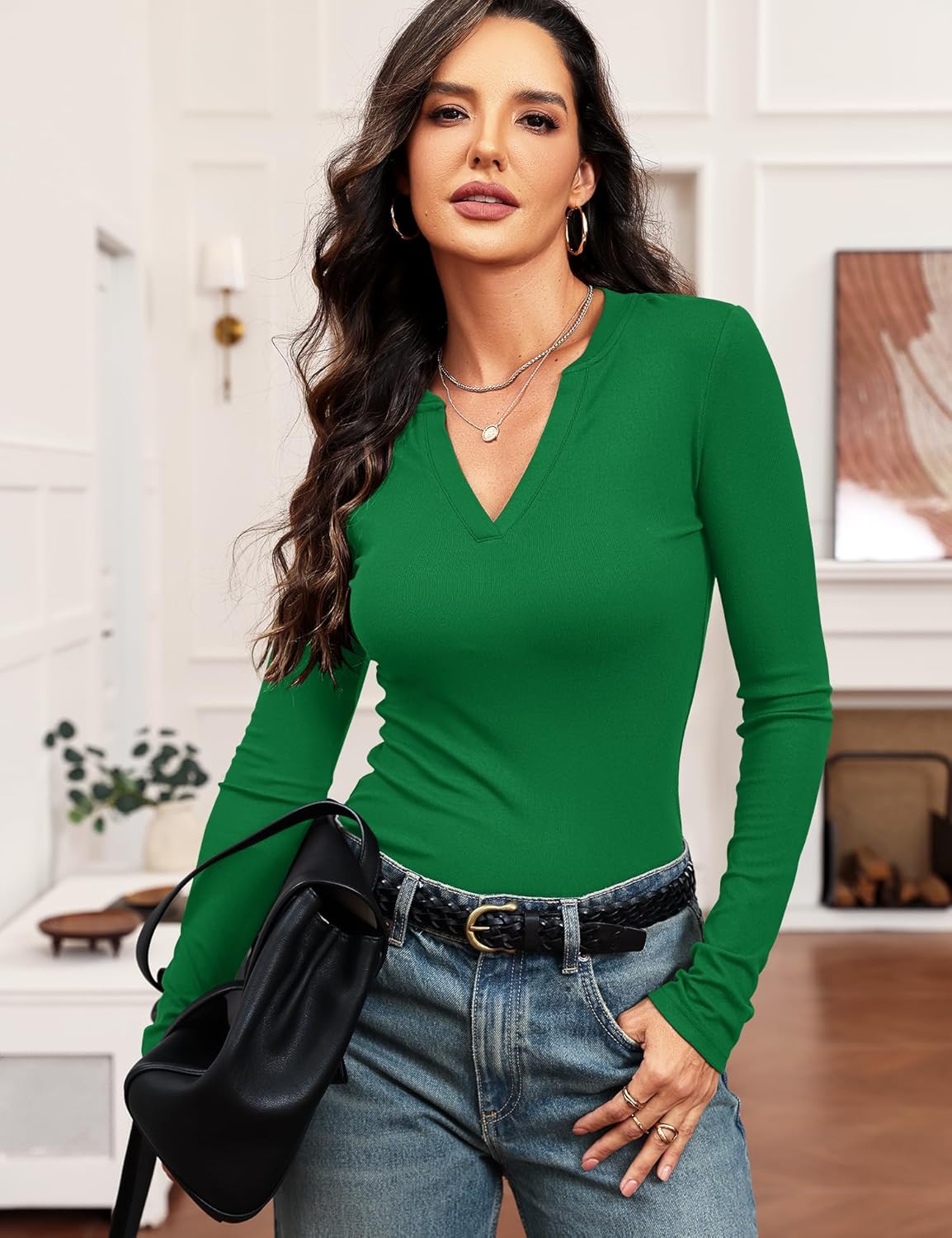 Womens Long Sleeve Shirts V Neck Casual Work Tops 2025 Fall Slim Fitted Basic Tee - Image 5