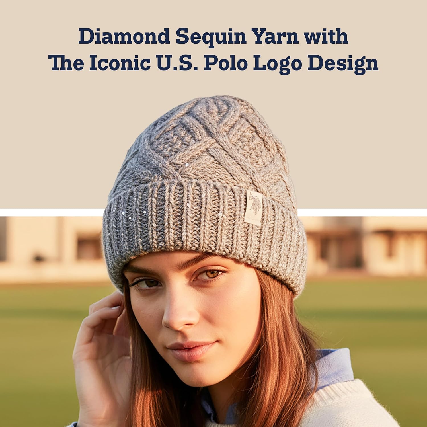 U.S. Polo Assn. Women's Beanie Hat and Scarf Set, Diamond Sequin Cable Knit
